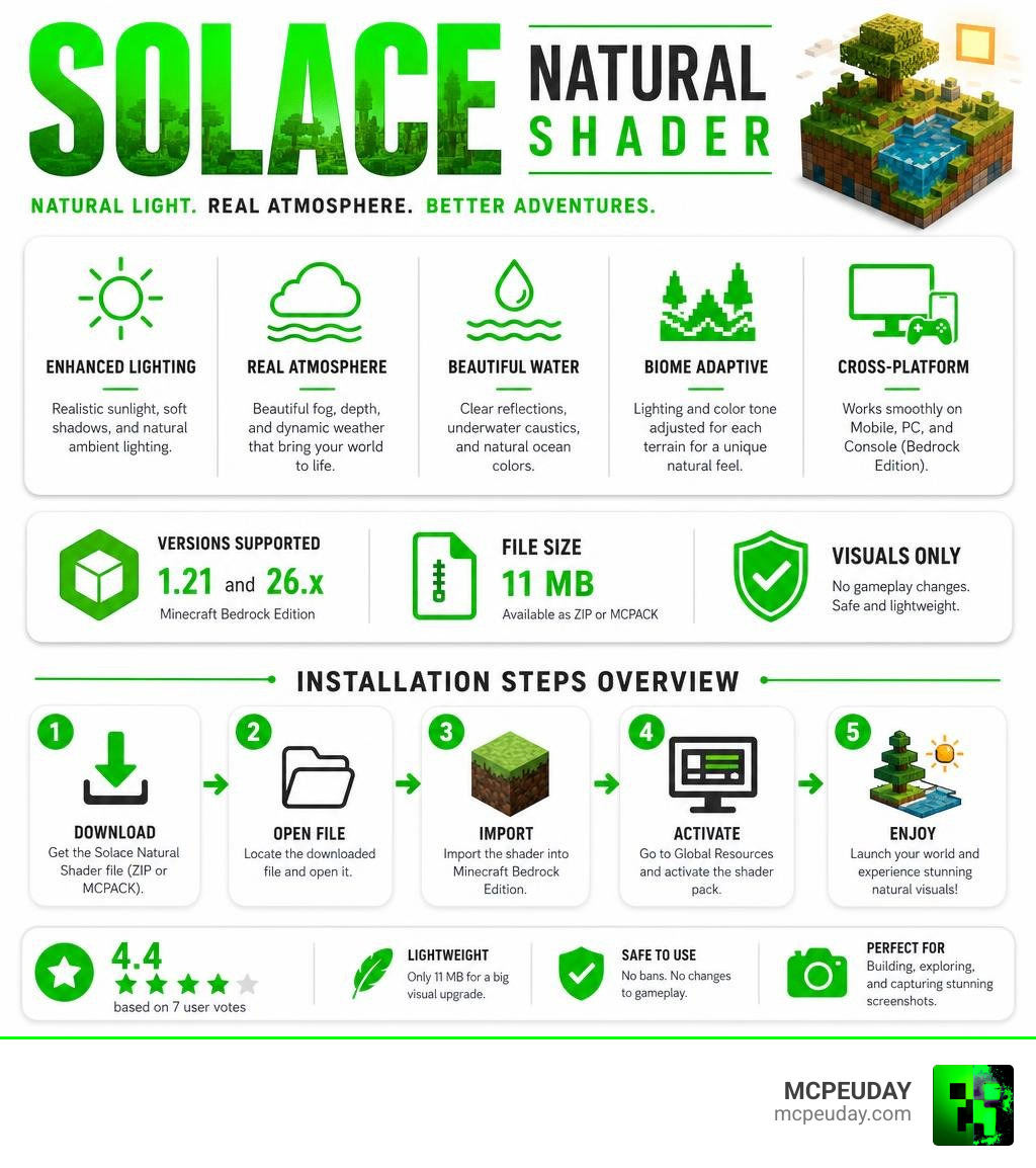 Solace Natural Shader features, versions, file size, and installation steps overview infographic infographic