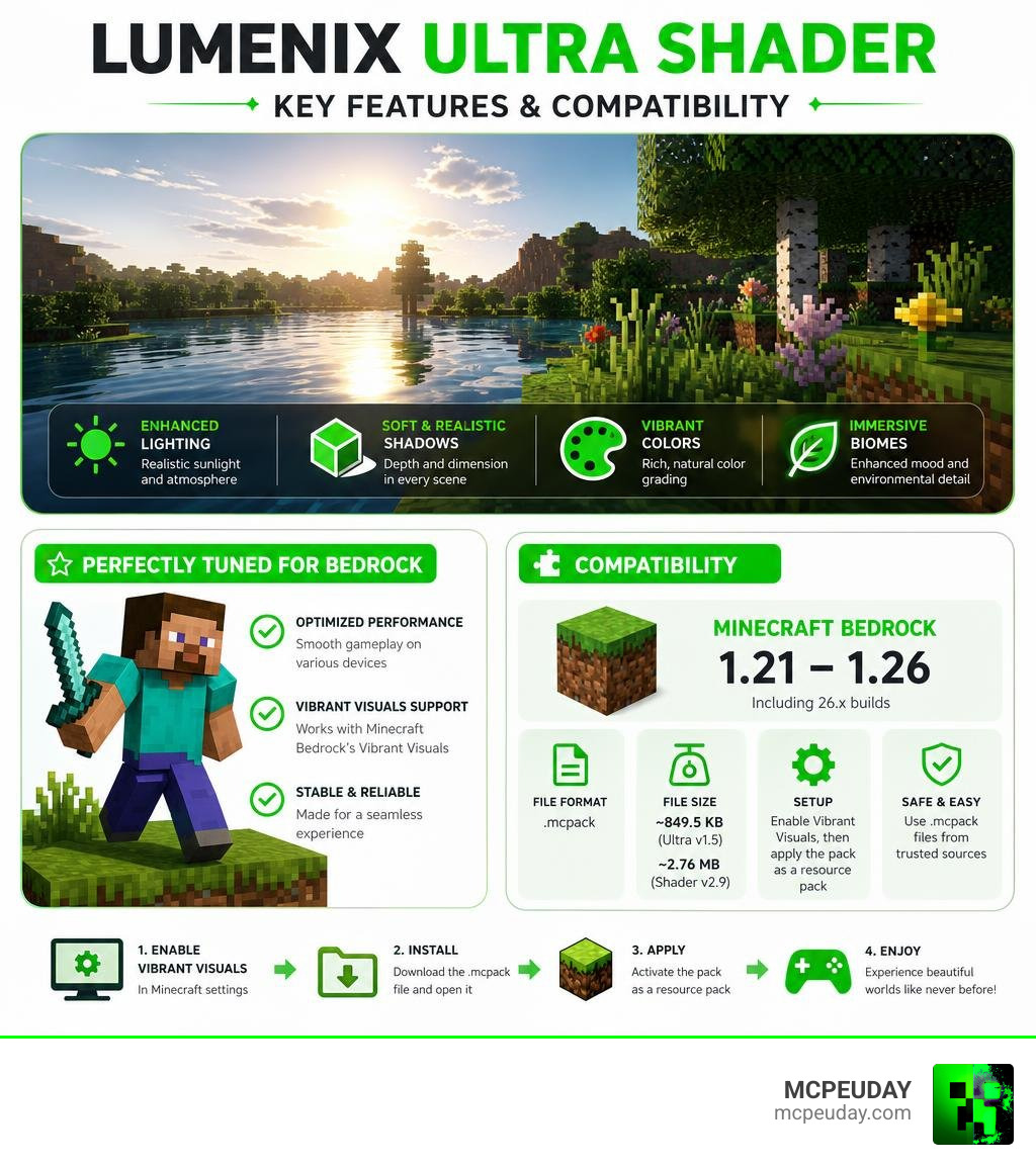 Lumenix Ultra Shader key features and compatibility infographic for Minecraft Bedrock infographic Lumenix Ultra Shader key features and compatibility infographic for Minecraft Bedrock infographic