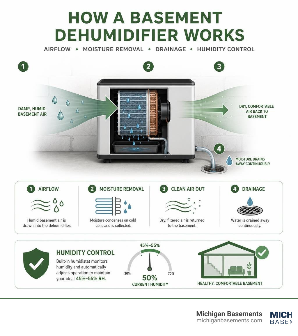 How a basement dehumidifier works: airflow, moisture removal, drainage, and humidity control infographic
