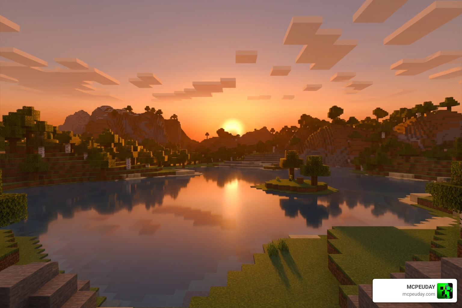 A beautiful, cinematic sunset in Minecraft Bedrock using the Vert Legacy Shader