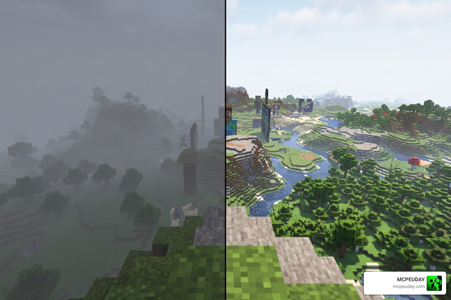 Side-by-side comparison of Minecraft with fog enabled versus fog disabled Side-by-side comparison of Minecraft with fog enabled versus fog disabled