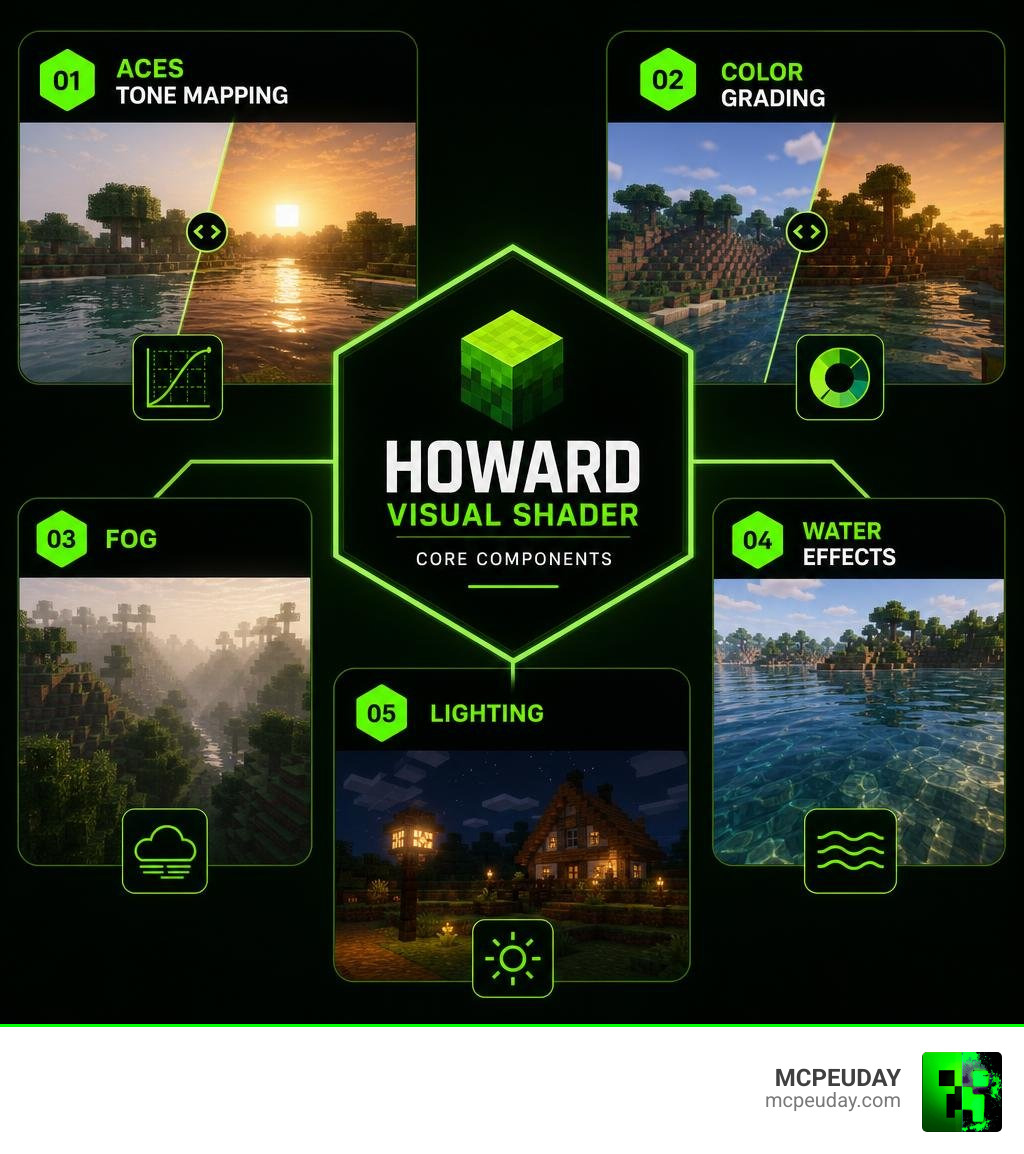 Howard Visual Shader core components: ACES tone mapping, color grading, fog, water effects, lighting infographic Howard Visual Shader core components: ACES tone mapping, color grading, fog, water effects, lighting infographic