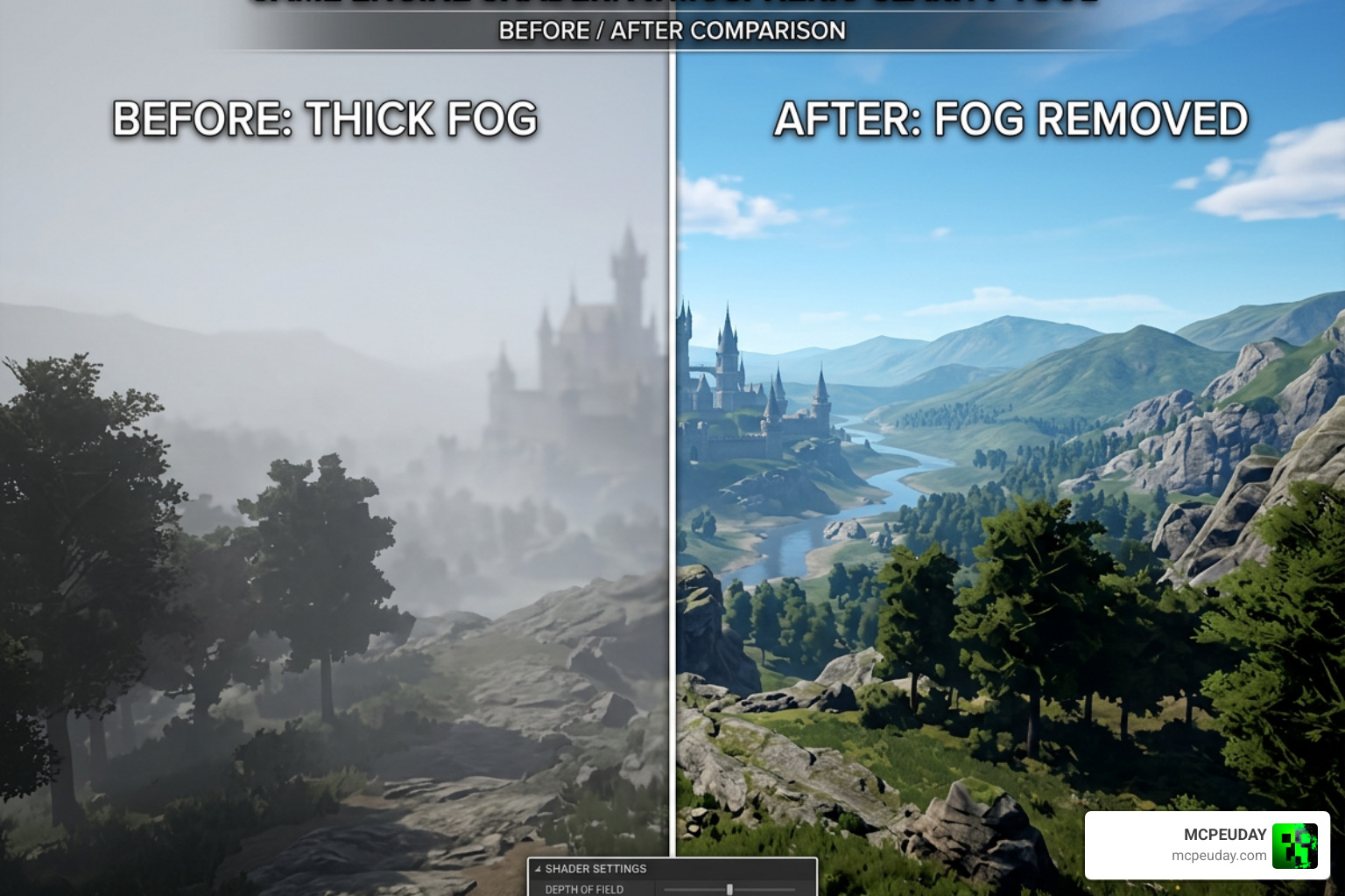 Minecraft settings showing the active resource packs with Fog Remover Shader enabled Minecraft settings showing the active resource packs with Fog Remover Shader enabled