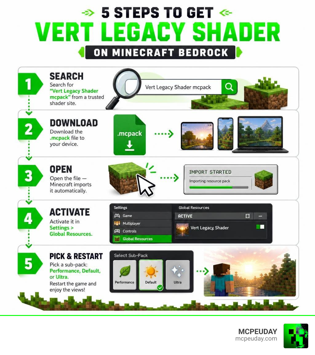 5-step infographic showing how to find download and install Vert Legacy Shader on Minecraft Bedrock infographic