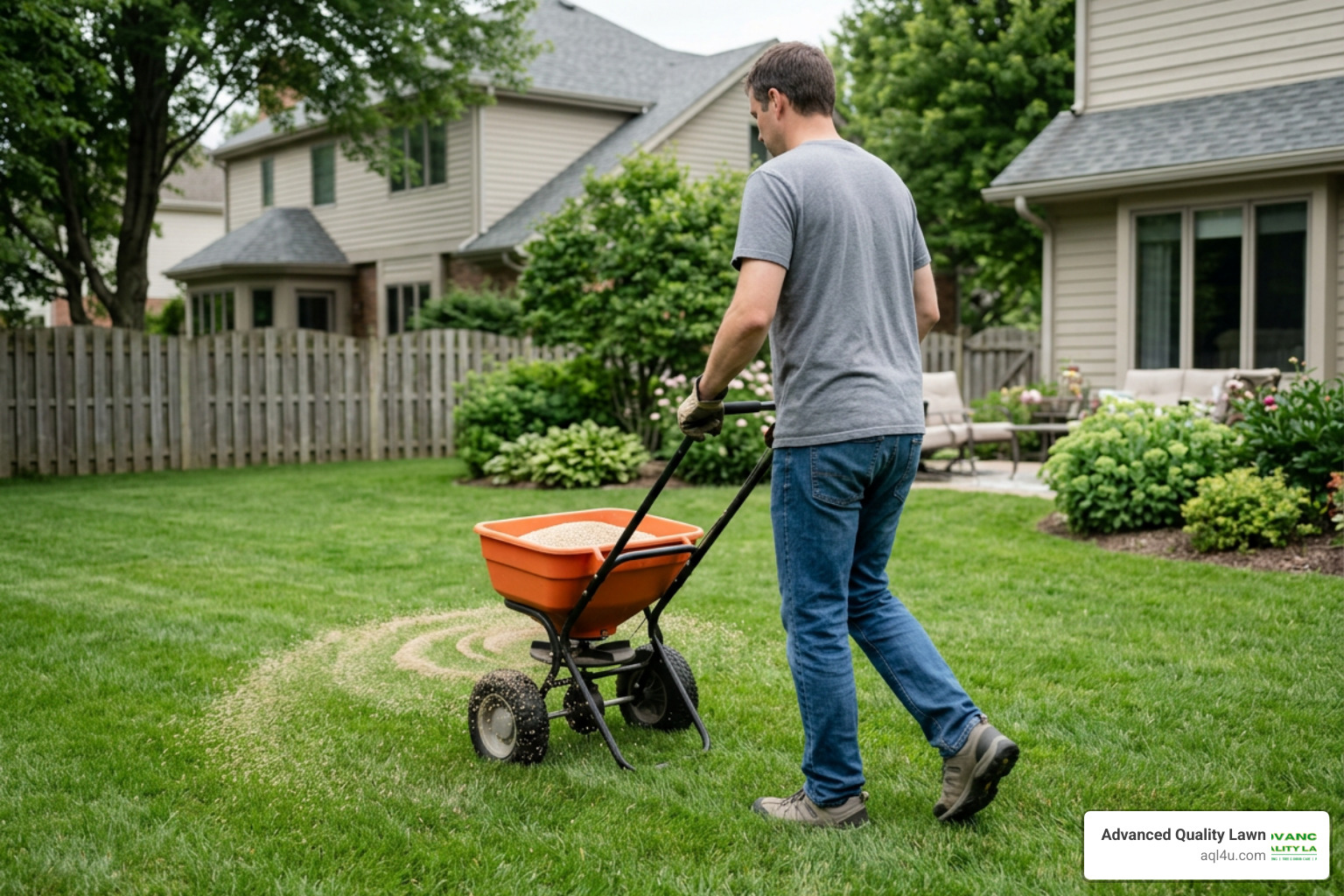 Applying granular weed and feed to a residential lawn with a broadcast spreader
