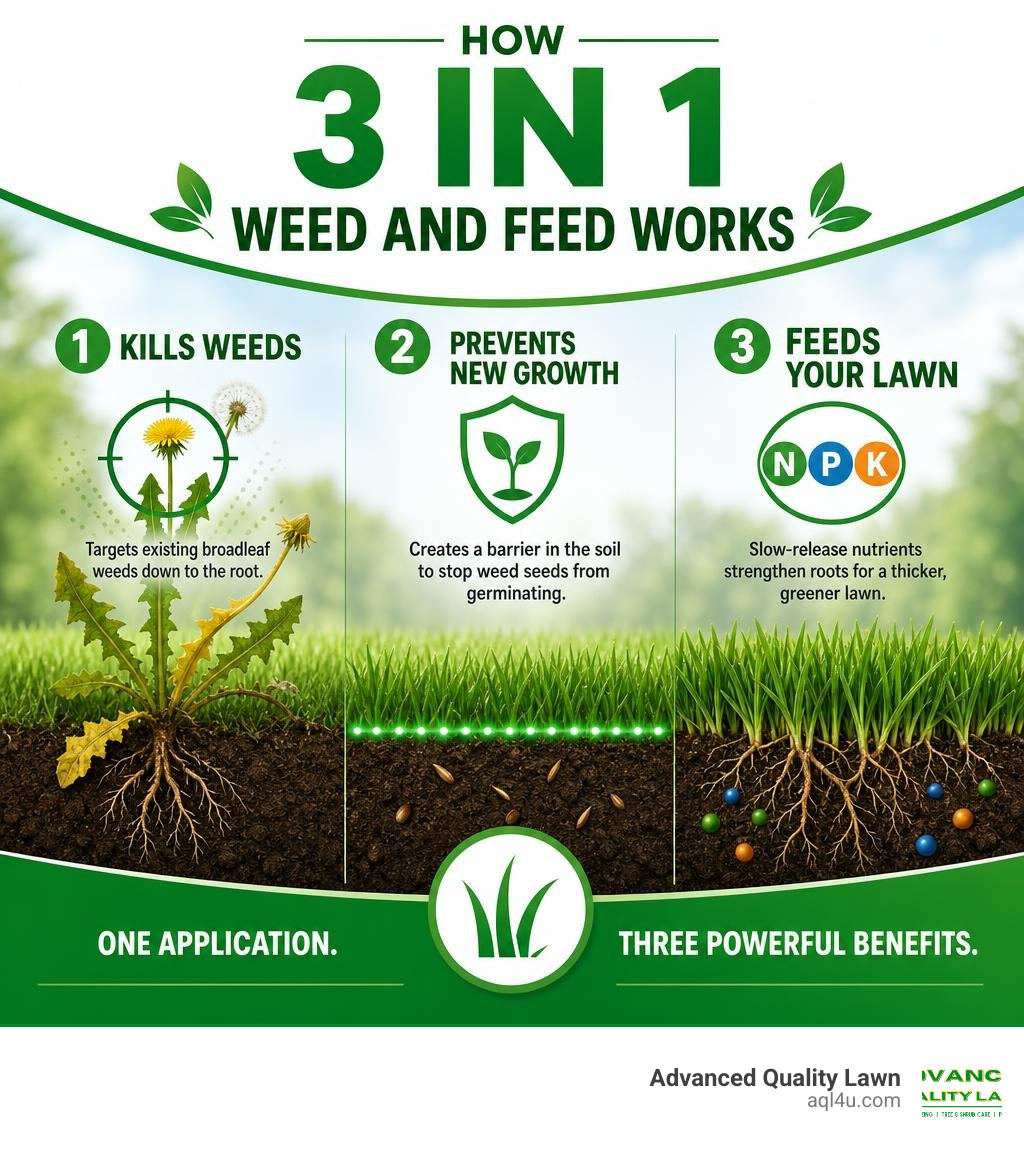 How 3 in 1 weed and feed works: kills weeds, prevents new growth, feeds lawn with NPK fertilizer infographic