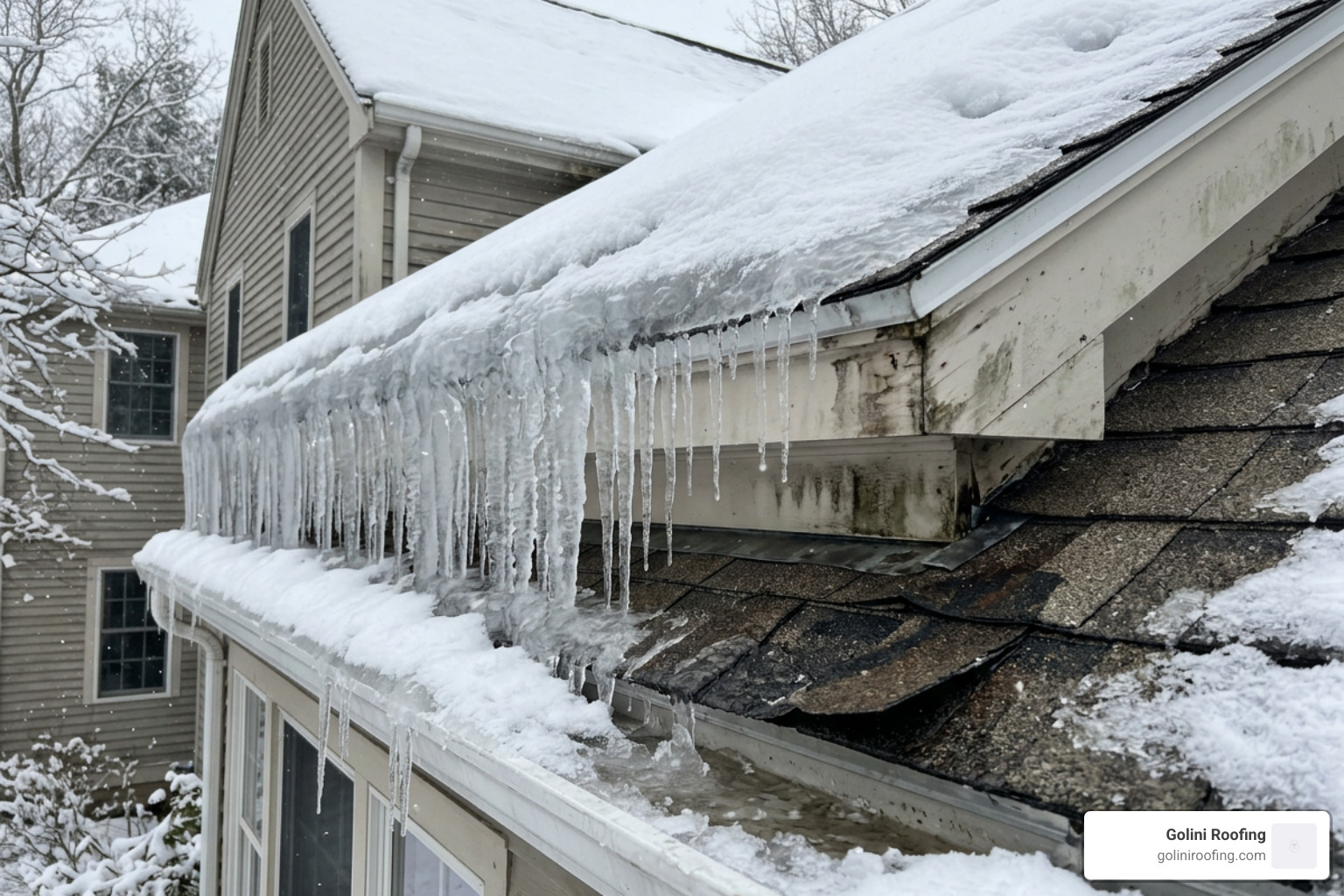 Ice dam damage on a Massachusetts home roof Ice dam damage on a Massachusetts home roof