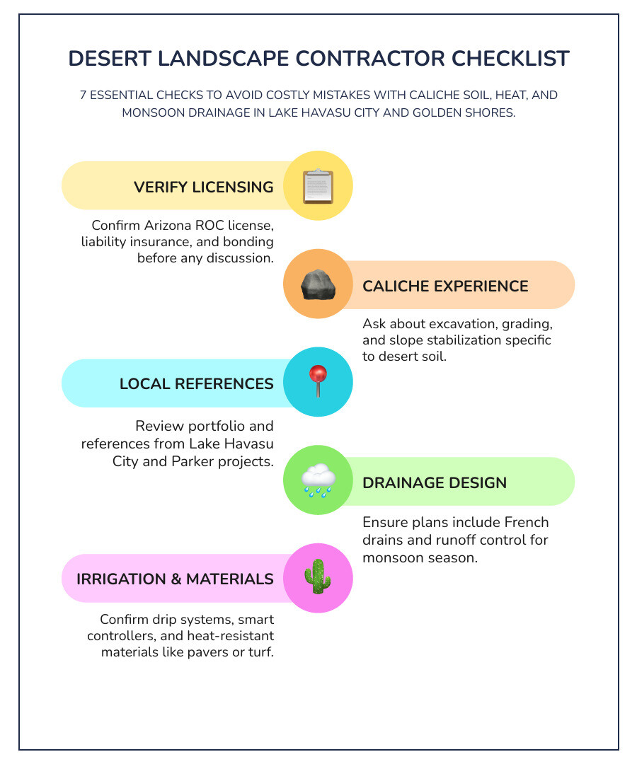 Infographic: 7 tips for choosing a landscape contractor near you with icons for credentials, soil, drainage