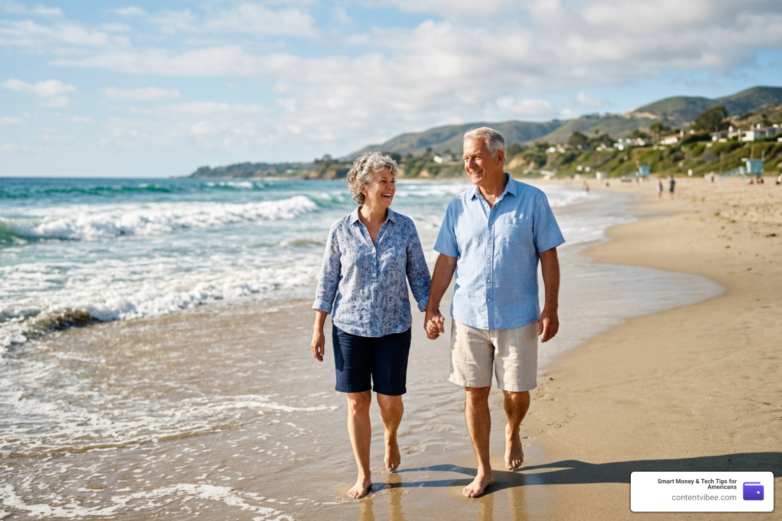 happy senior couple walking on a beach