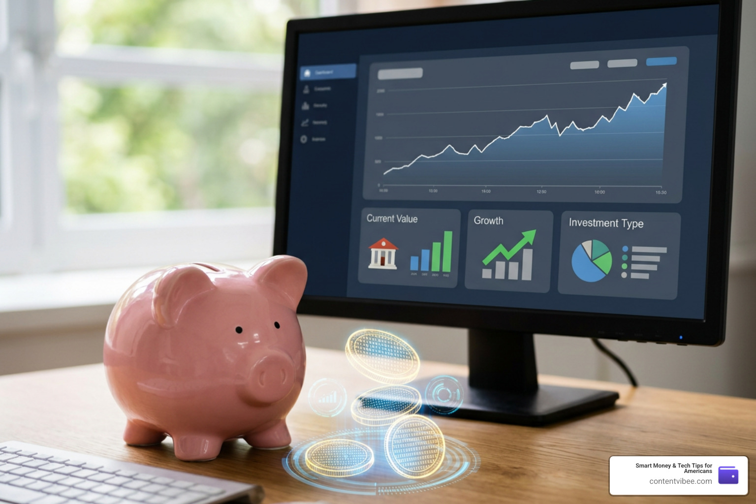 piggy bank with digital coins and computer screen showing automated investments