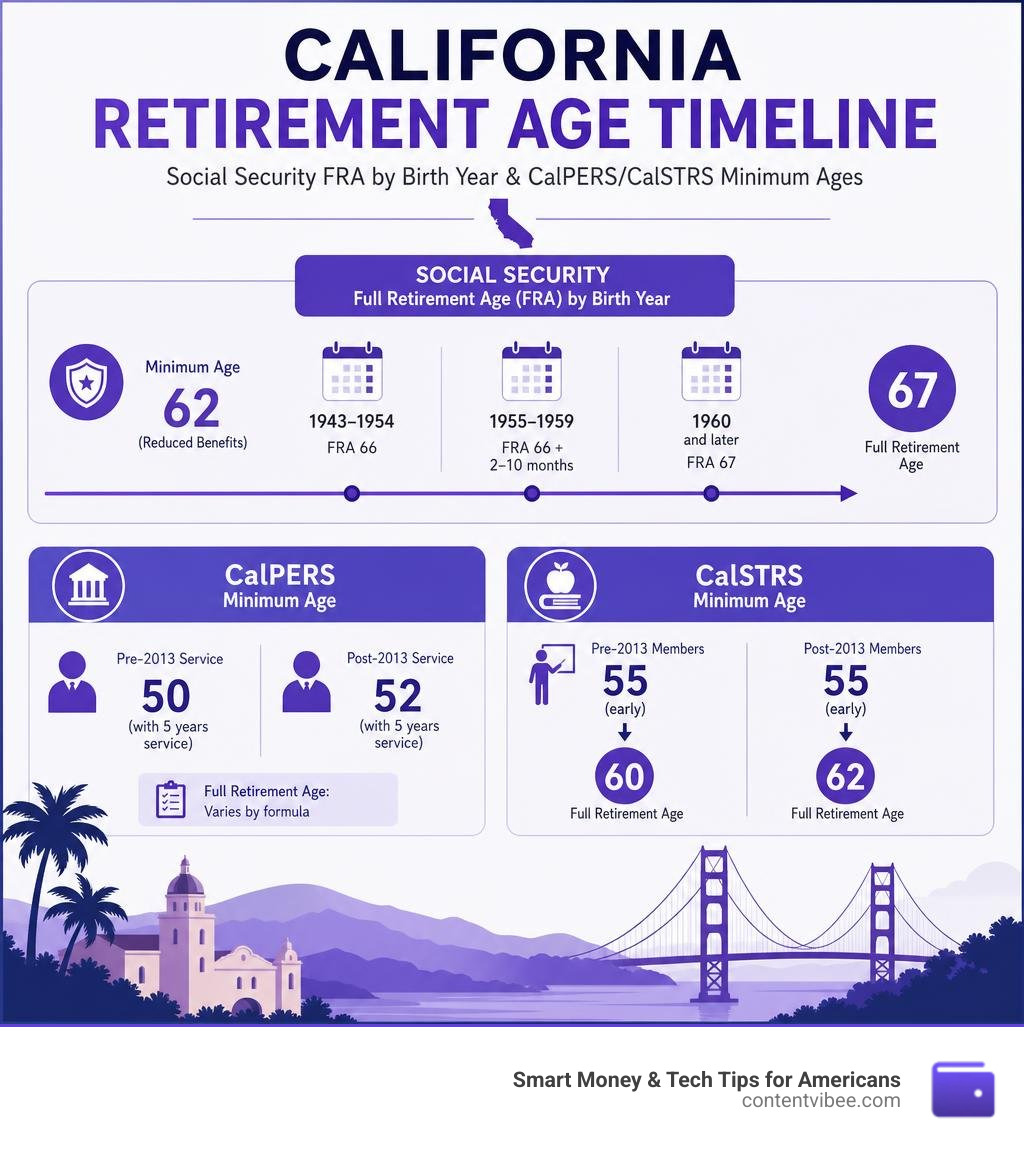 California retirement age timeline infographic showing Social Security FRA by birth year and CalPERS/CalSTRS minimum ages