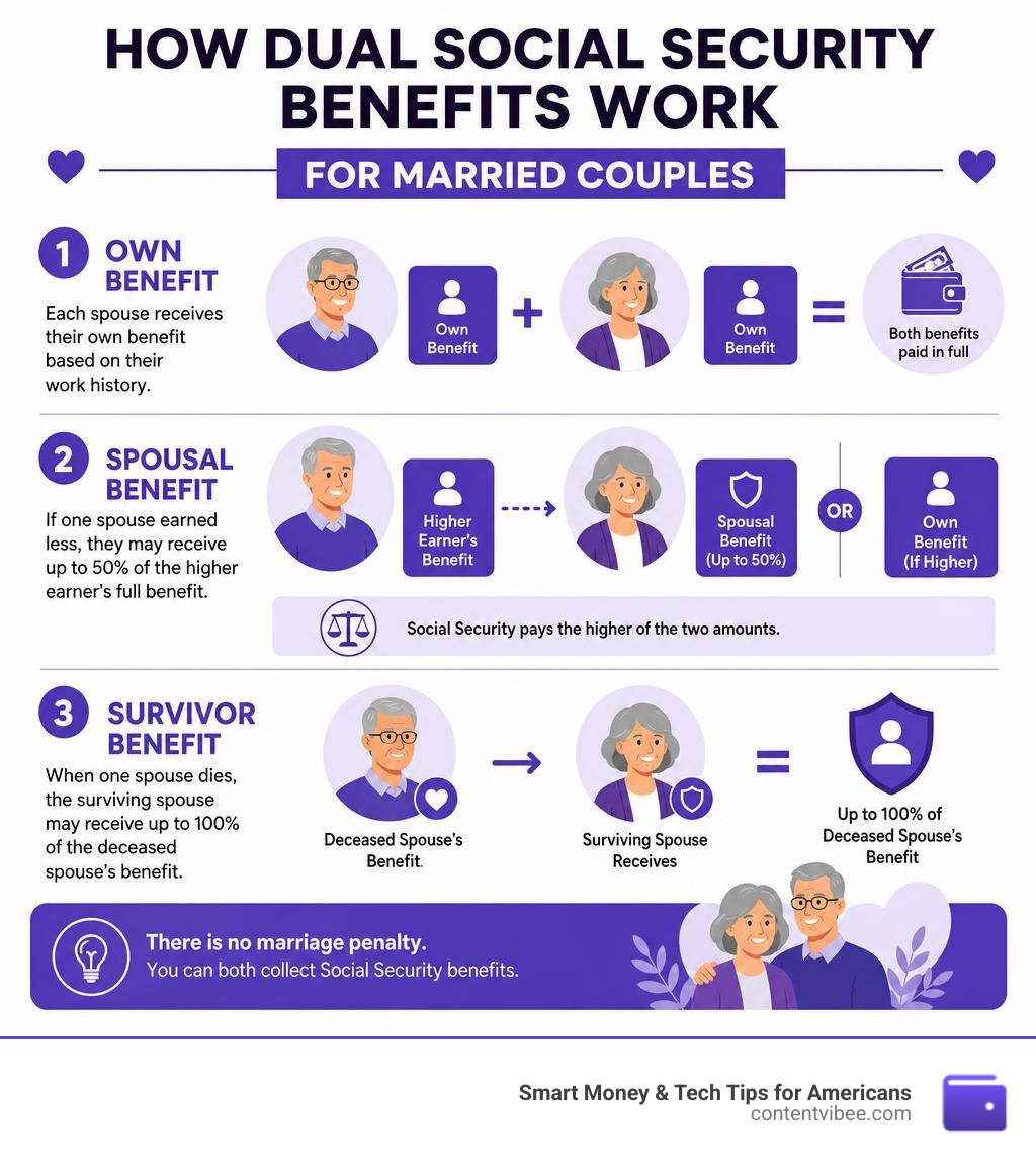 Infographic showing how dual Social Security benefits work for married couples including own benefit spousal and survivor