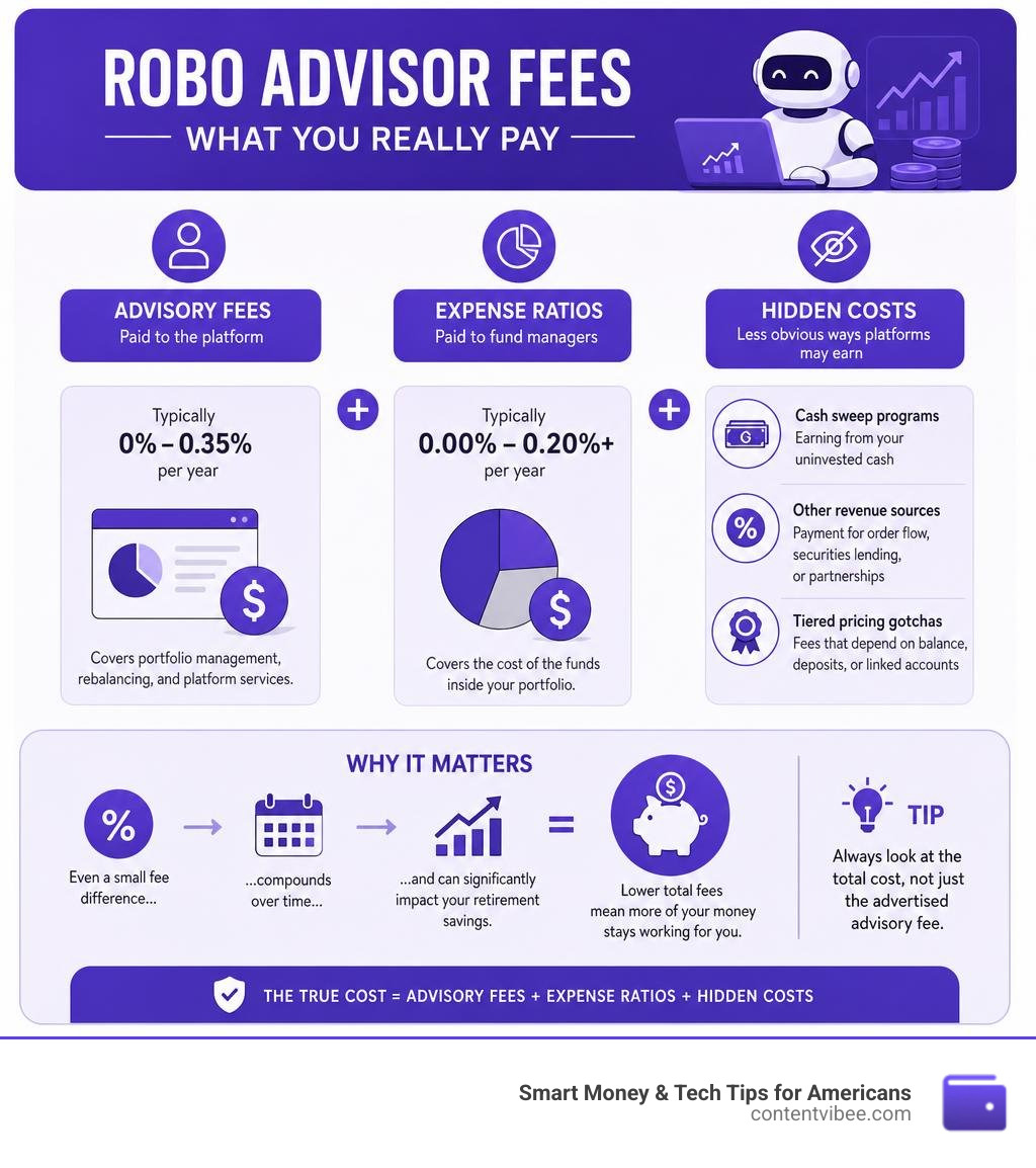 Infographic comparing robo advisor fee types: advisory fees vs expense ratios vs hidden costs by platform infographic