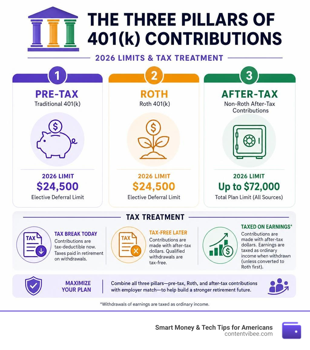 Three pillars of 401k contributions: pre-tax, Roth, and after-tax with 2026 limits and tax treatment infographic