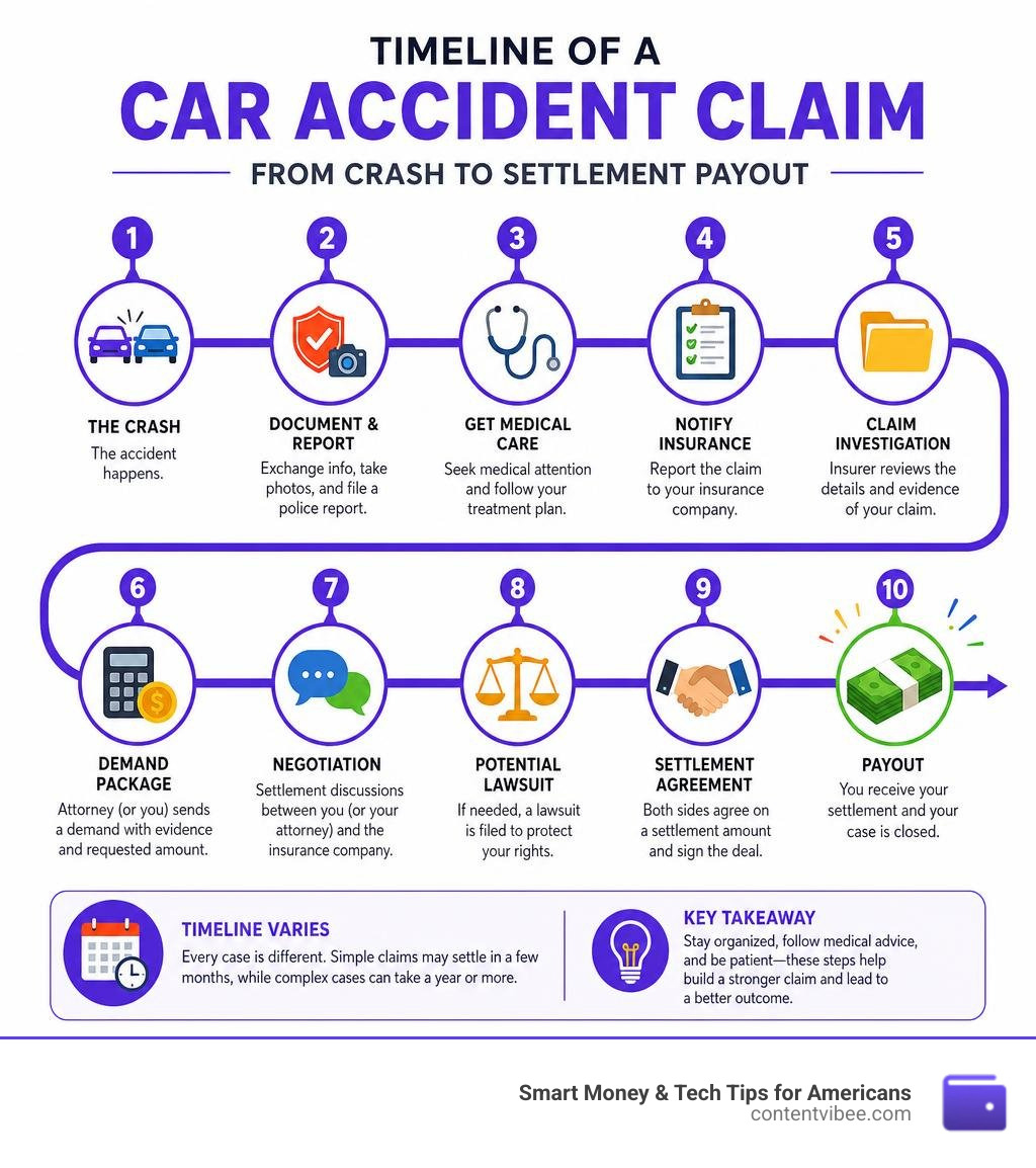 Timeline of a car accident claim from crash to settlement payout with key milestones infographic