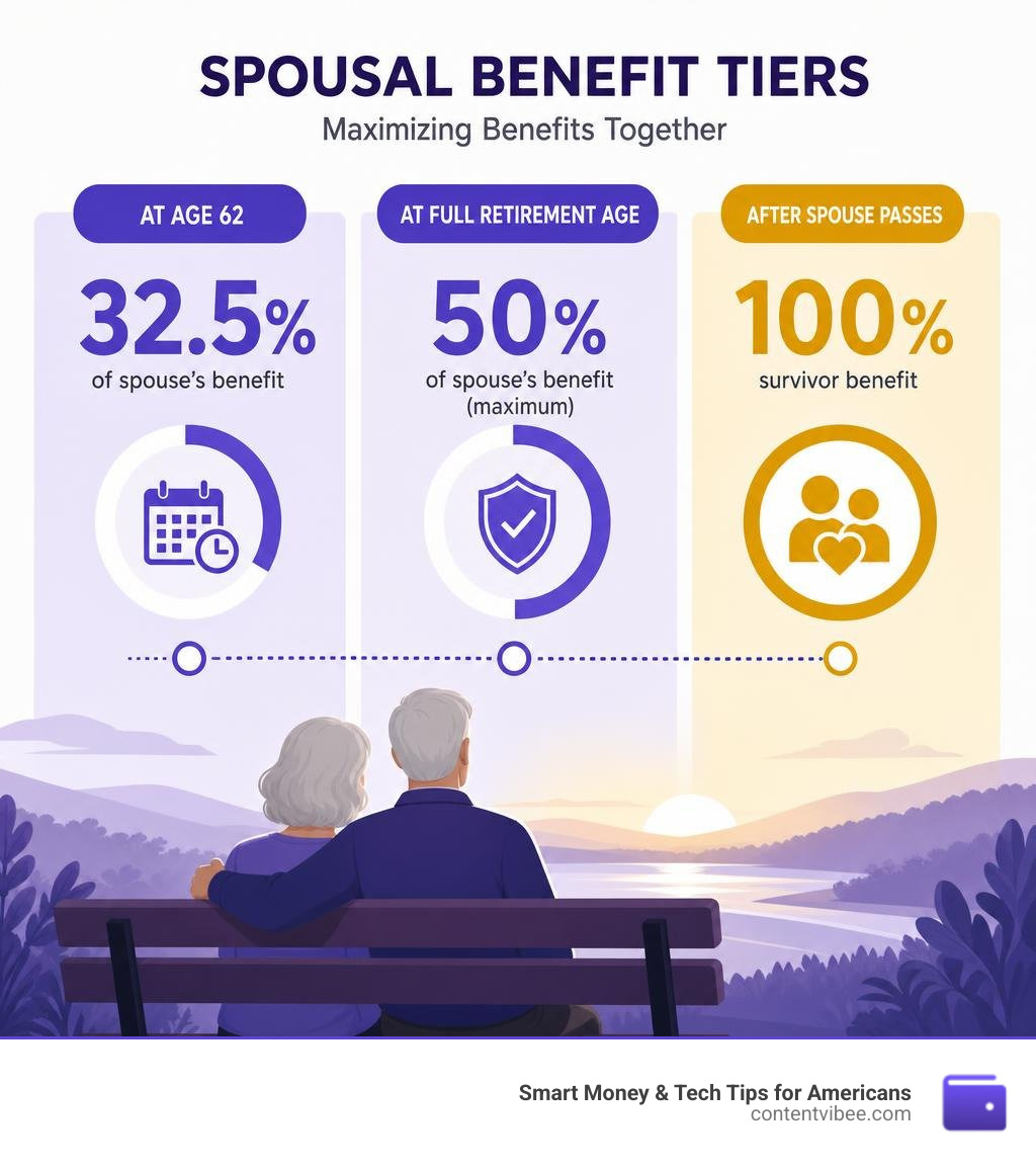 Infographic showing spousal benefit tiers: 32.5% at 62, up to 50% at FRA, and 100% survivor benefit after spouse passes