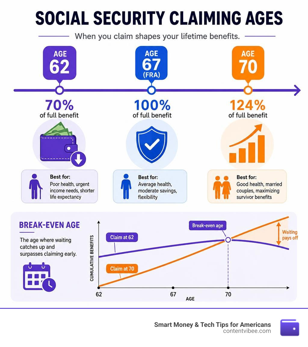 Timeline infographic showing Social Security claiming ages 62, 67, and 70 with benefit percentages and break-even ages