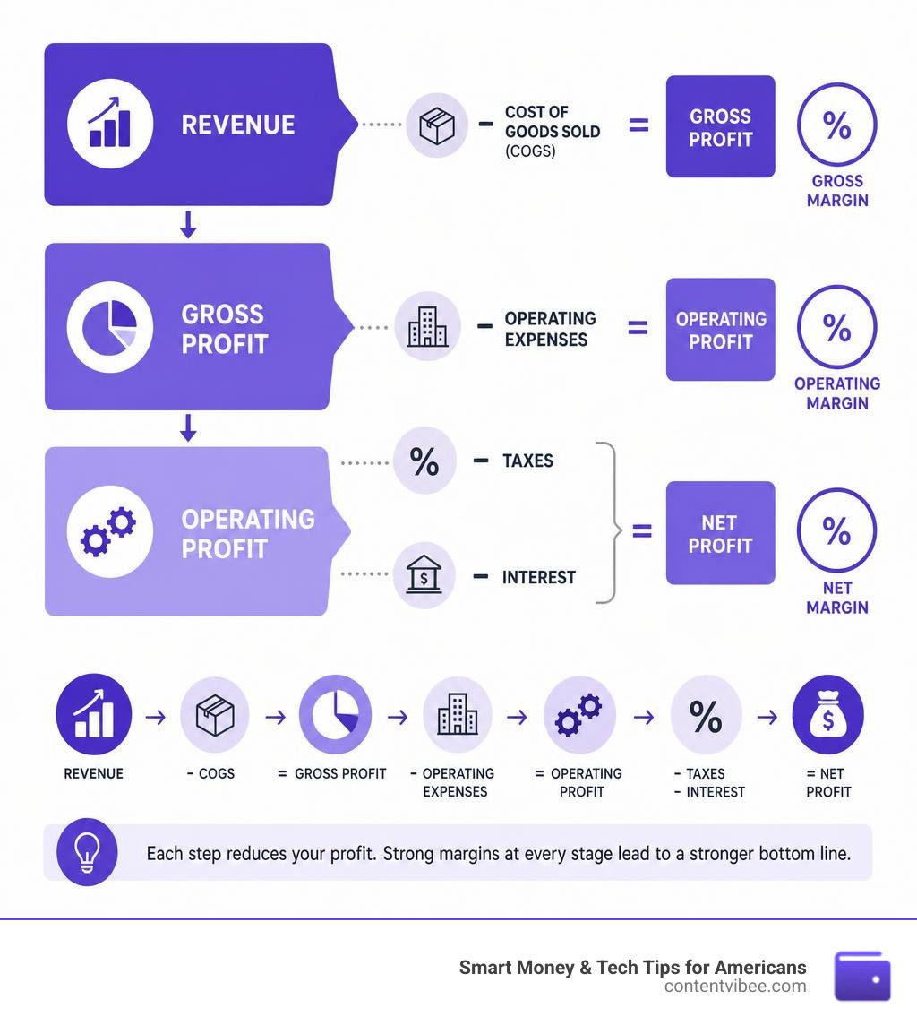Infographic showing revenue flowing through COGS deduction to gross profit, then operating expenses to operating profit Infographic showing revenue flowing through COGS deduction to gross profit, then operating expenses to operating profit