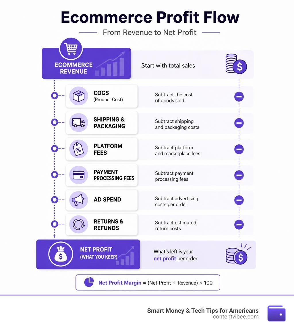 Infographic showing flow from ecommerce revenue to net profit after COGS, fees, ads, shipping, and returns infographic