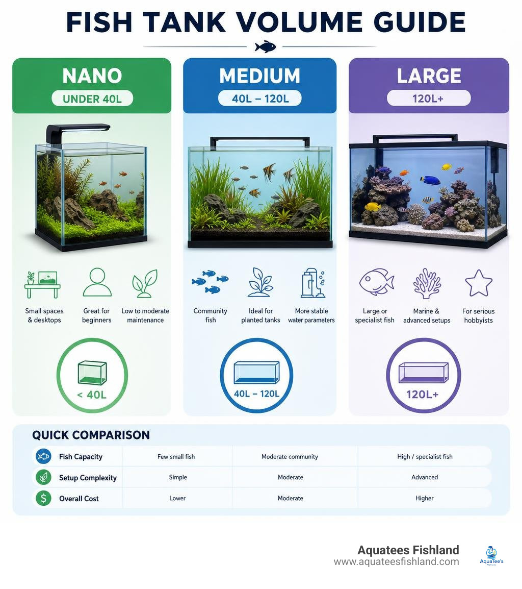Infographic comparing fish tank volumes: Nano under 40L, Medium 40-120L, Large 120L+ infographic
