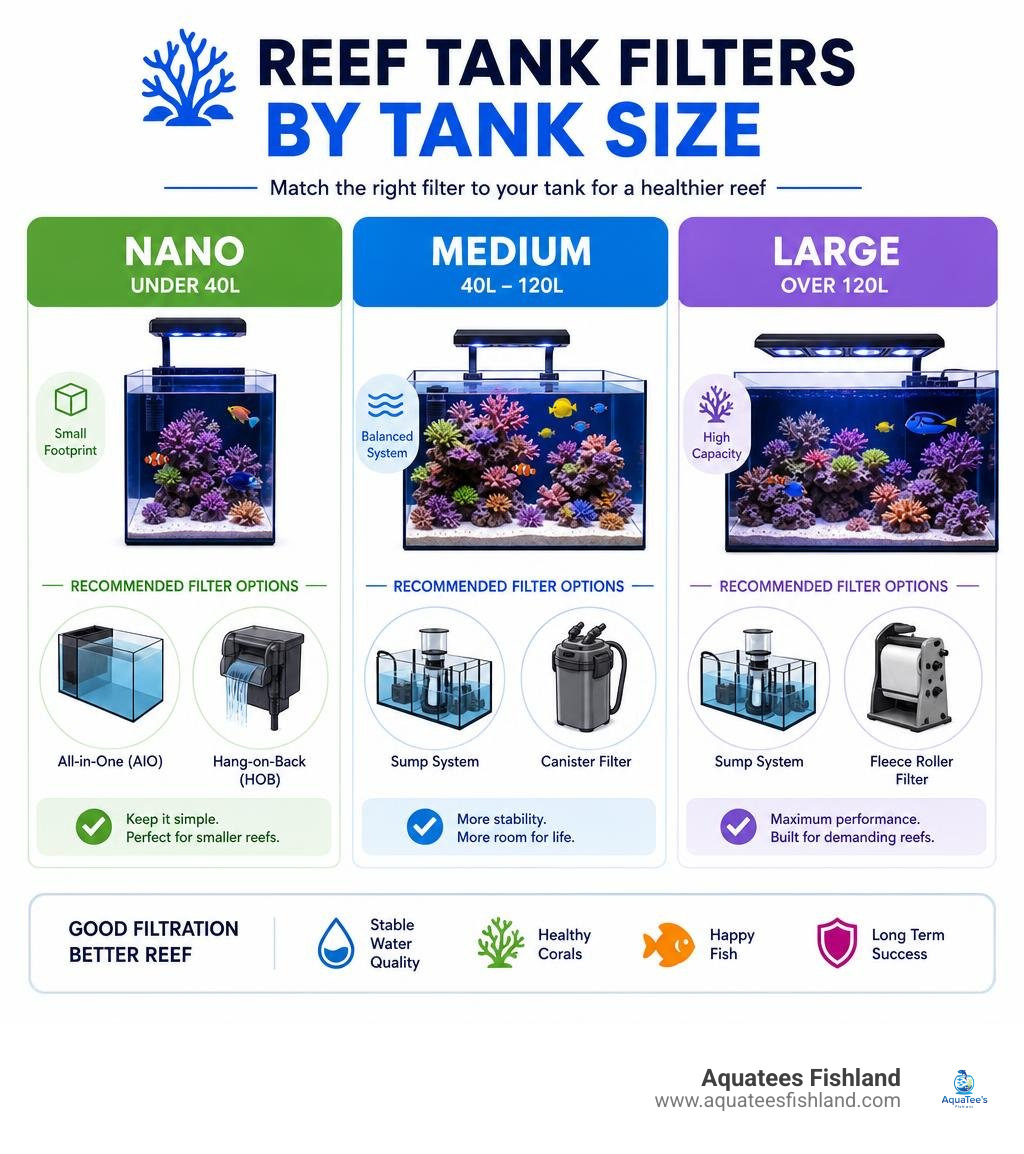 Infographic comparing reef tank filter types by tank size: Nano under 40L, Medium 40 to 120L, Large over 120L with