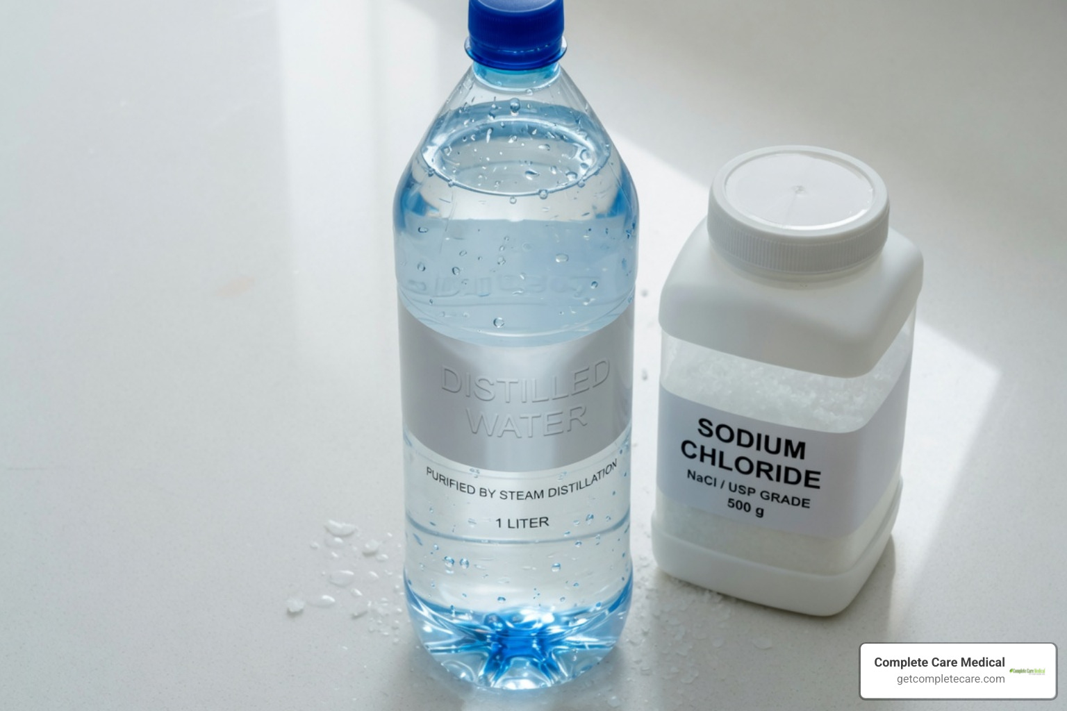 necessary items on a clean surface: distilled water, sodium chloride, measuring scale, clean container, and stirring utensil - normal saline solution necessary items on a clean surface: distilled water, sodium chloride, measuring scale, clean container, and stirring utensil - normal saline solution