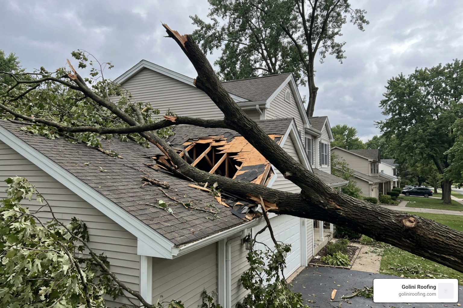 fallen tree limb puncturing residential roof structure fallen tree limb puncturing residential roof structure