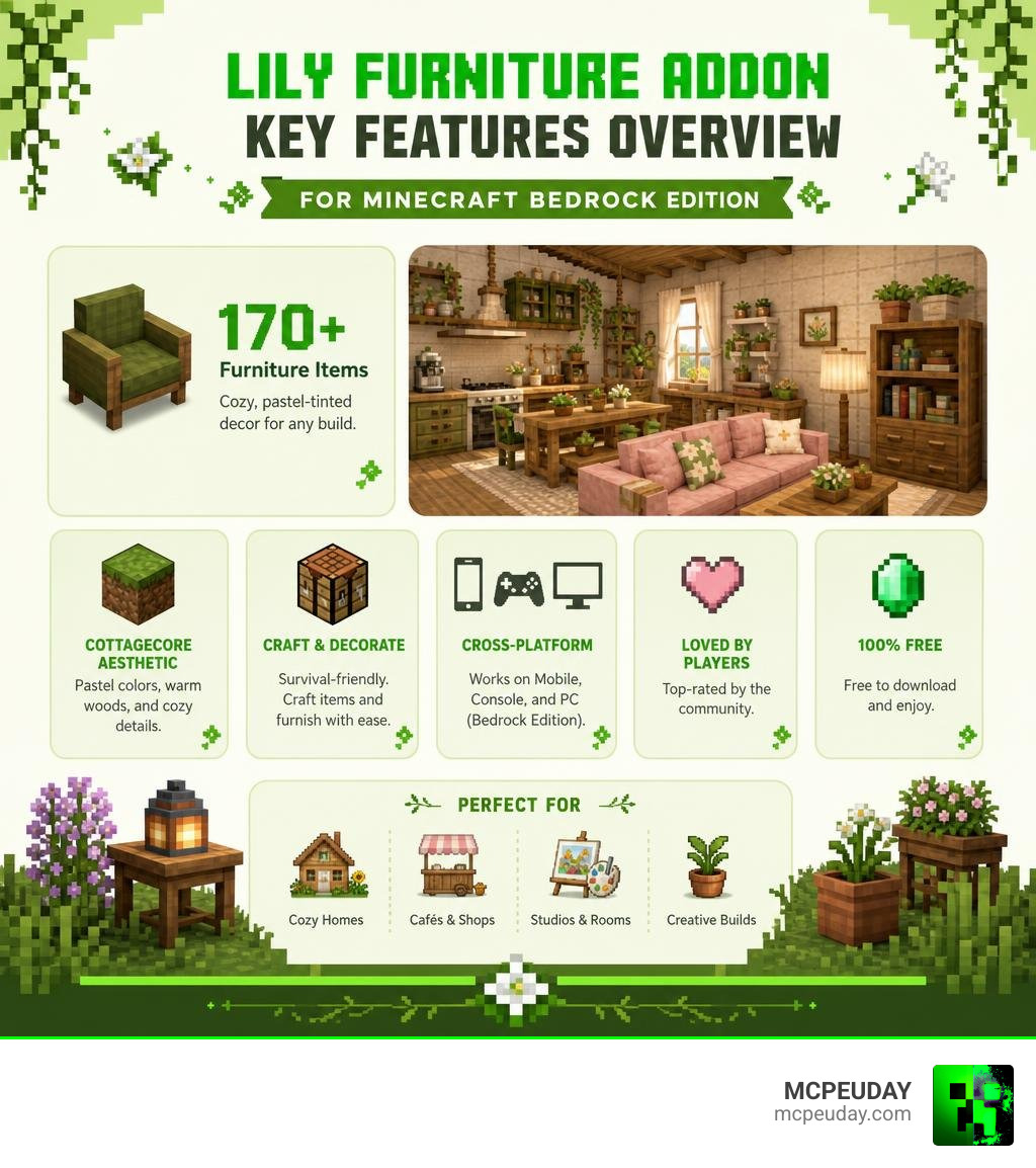 Lily Furniture Addon key features overview infographic for Minecraft Bedrock Edition infographic
