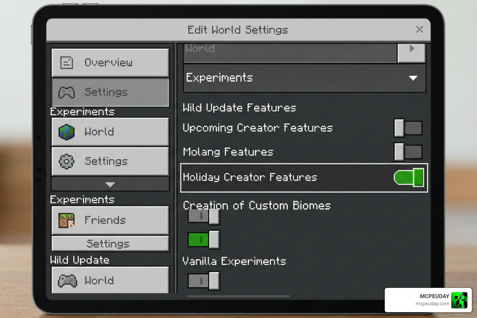 Minecraft PE experimental world settings menu with Holiday Creator Features highlighted Minecraft PE experimental world settings menu with Holiday Creator Features highlighted