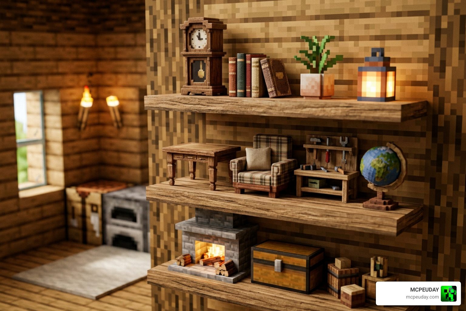 A detailed close-up of 3D furniture and decorative blocks sitting perfectly on shelves and slabs