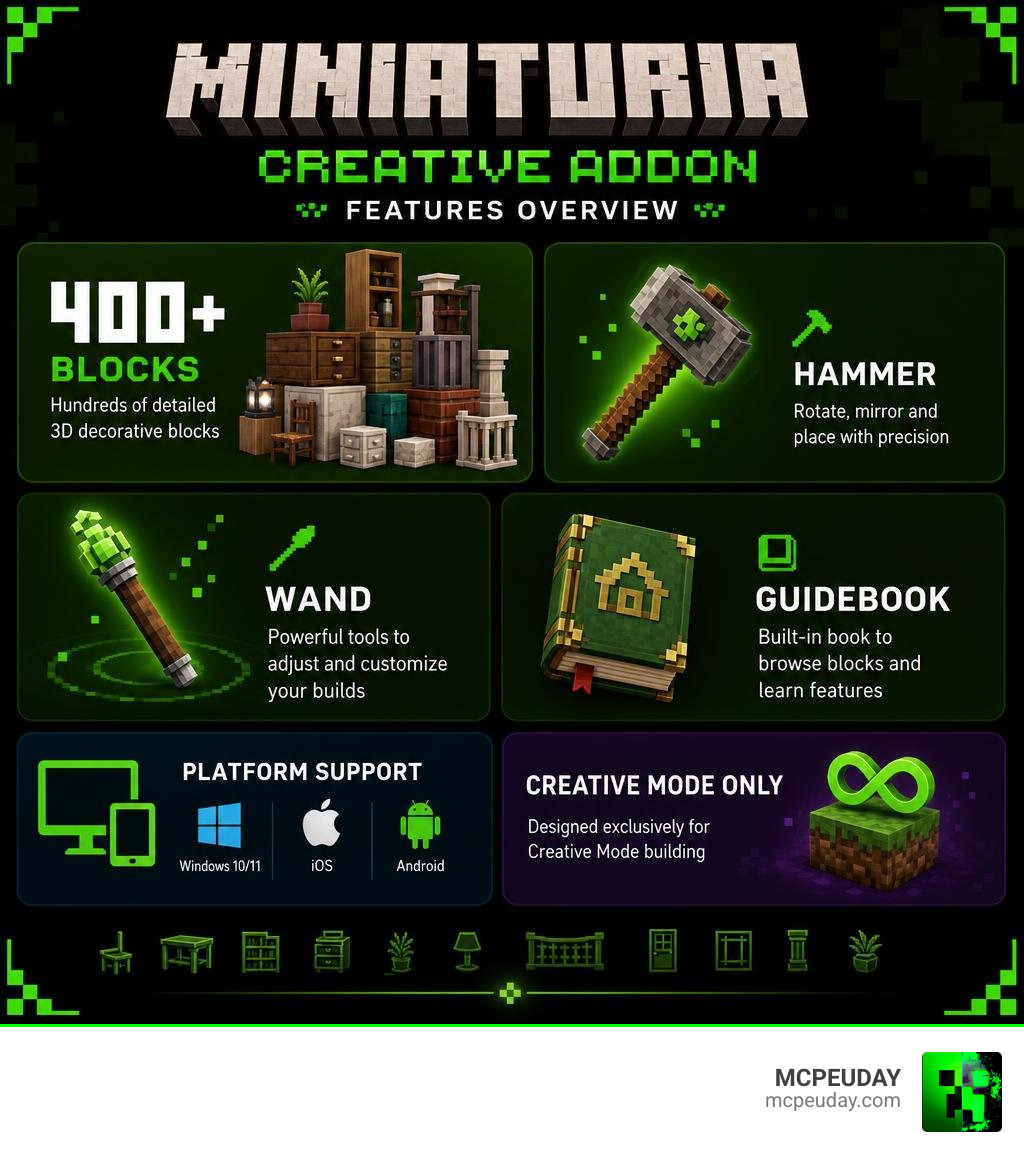 MiniaTuria Creative Addon features overview: 400+ blocks, Hammer, Wand, Guidebook, platform support, and Creative Mode only