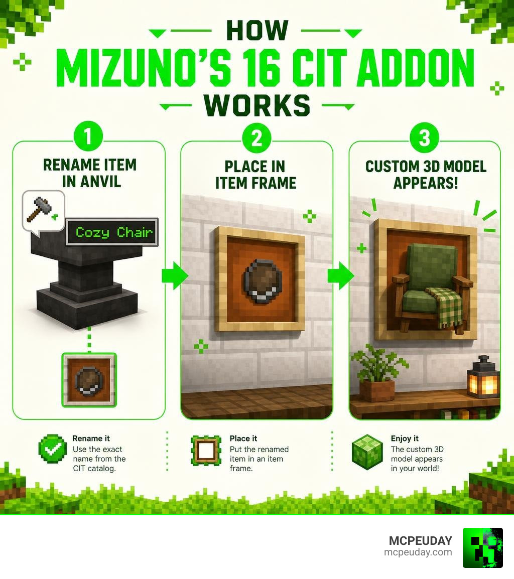 Infographic showing how Mizuno's 16 CIT Addon works: rename item in anvil, place in item frame, custom 3D model appears Infographic showing how Mizuno's 16 CIT Addon works: rename item in anvil, place in item frame, custom 3D model appears