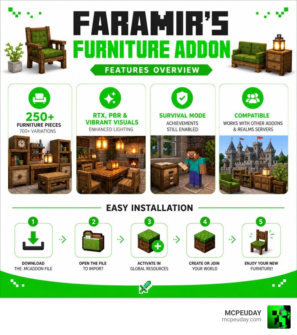 Faramir's Furniture Addon features overview infographic with piece count, RTX support, survival mode, and install steps