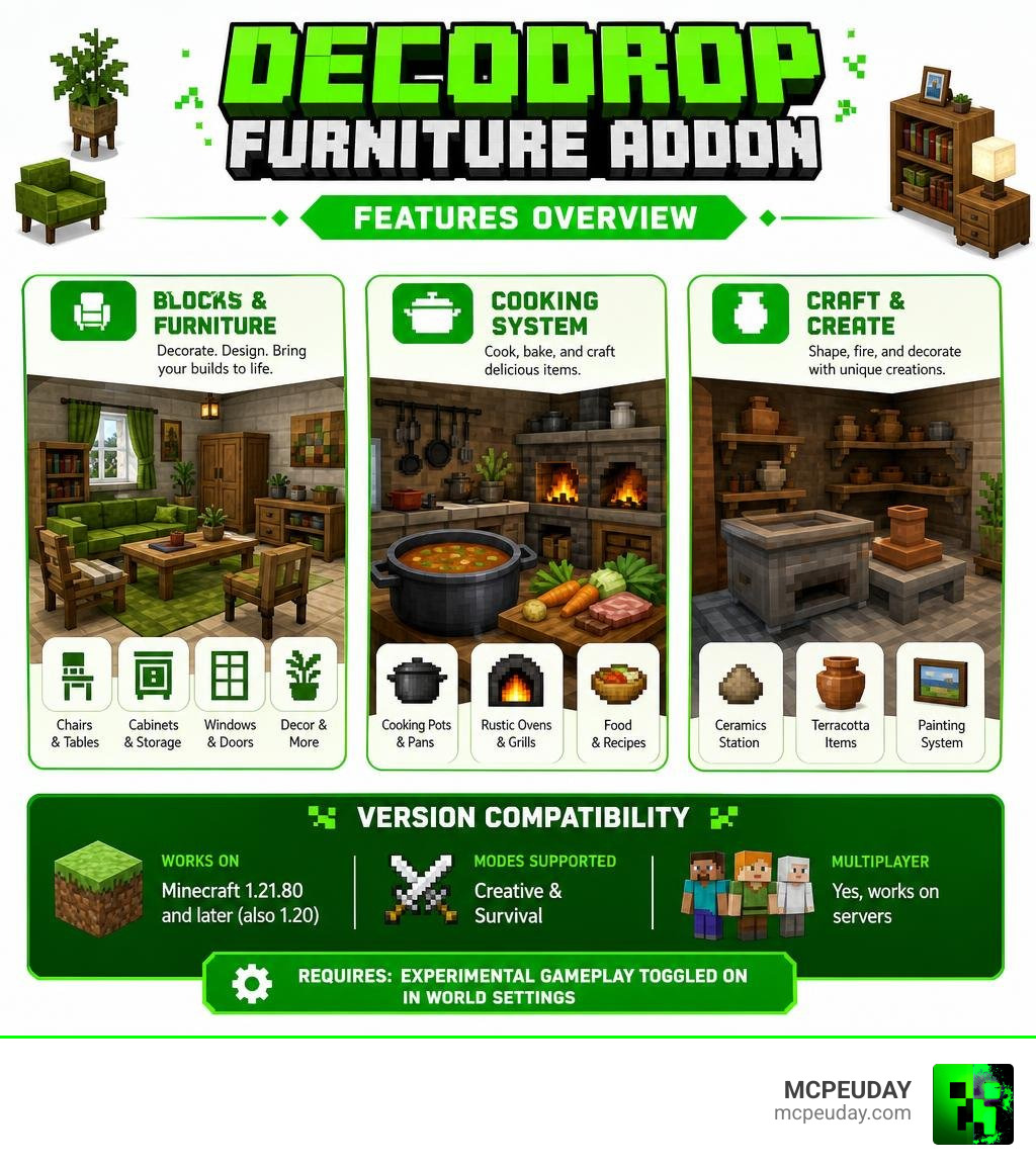 DecoDrop Furniture Addon features overview infographic showing blocks, cooking system, and version compatibility infographic