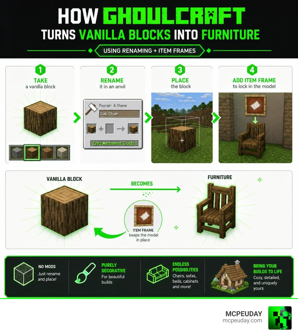 Infographic showing how Ghoulcraft turns vanilla Minecraft blocks into furniture using renaming and item frames infographic Infographic showing how Ghoulcraft turns vanilla Minecraft blocks into furniture using renaming and item frames infographic