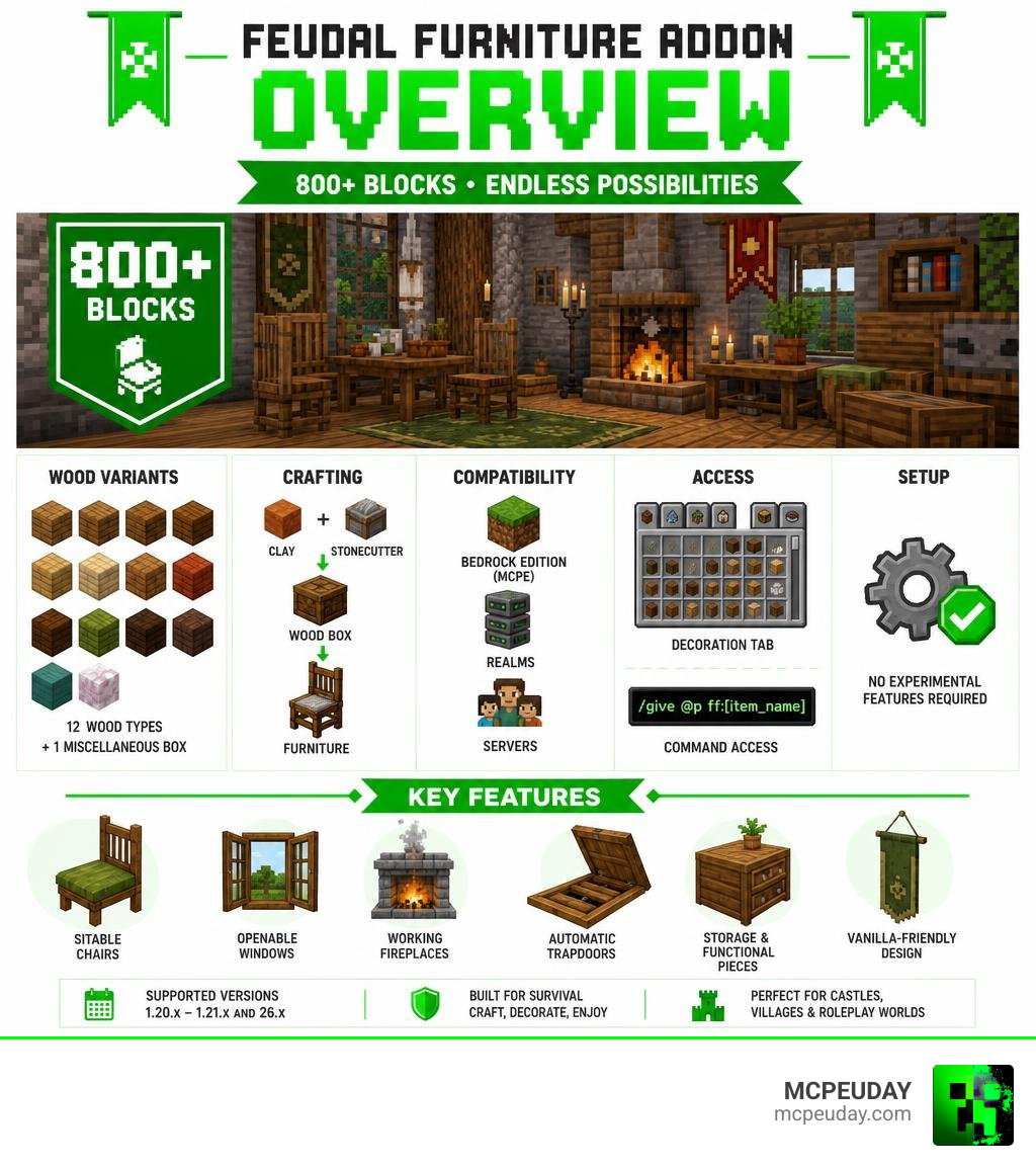 Feudal Furniture Addon overview: 800+ blocks, wood variants, crafting, compatibility, and key features infographic Feudal Furniture Addon overview: 800+ blocks, wood variants, crafting, compatibility, and key features infographic