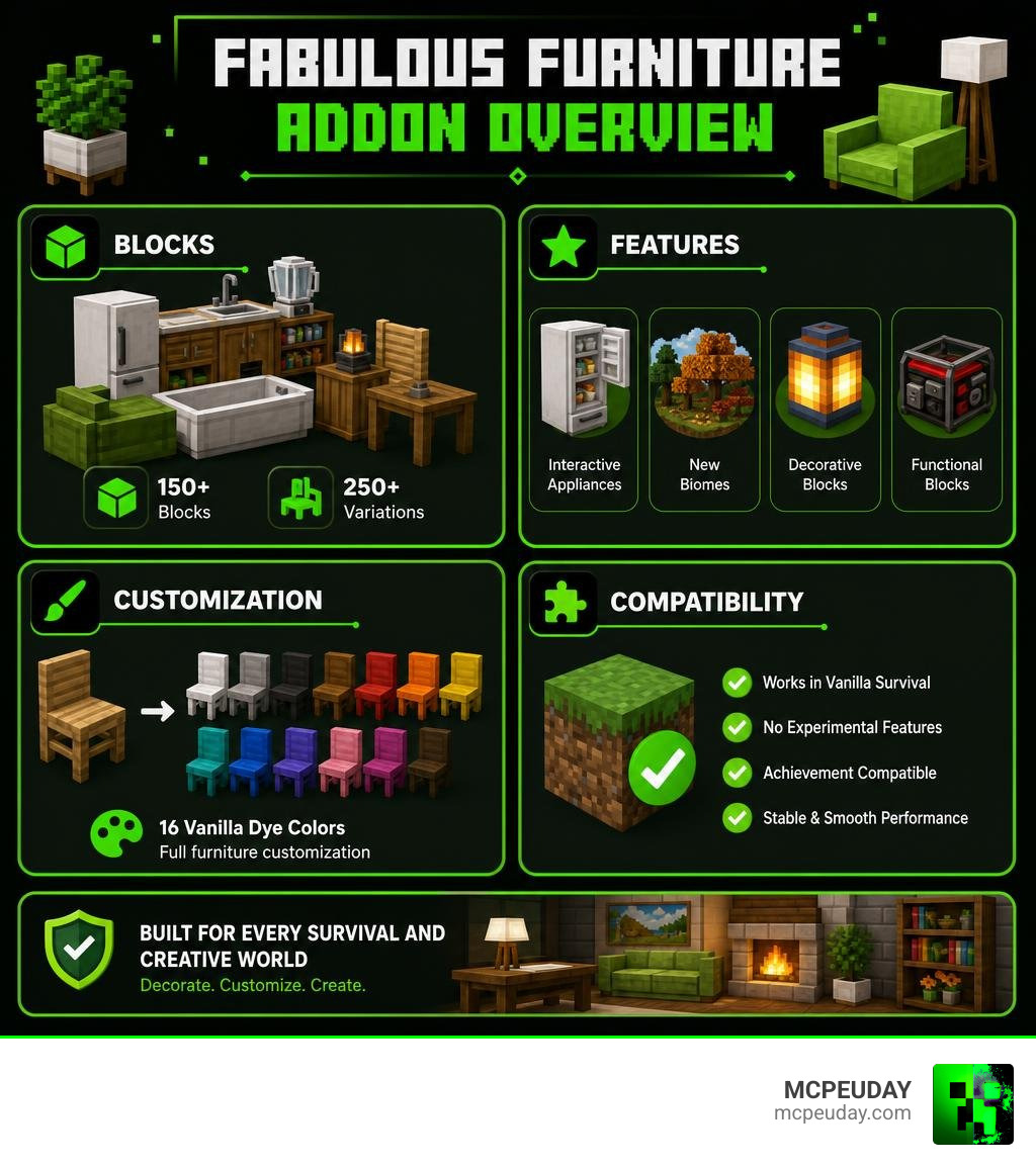 Fabulous Furniture Addon overview: blocks, features, customization, and compatibility at a glance infographic