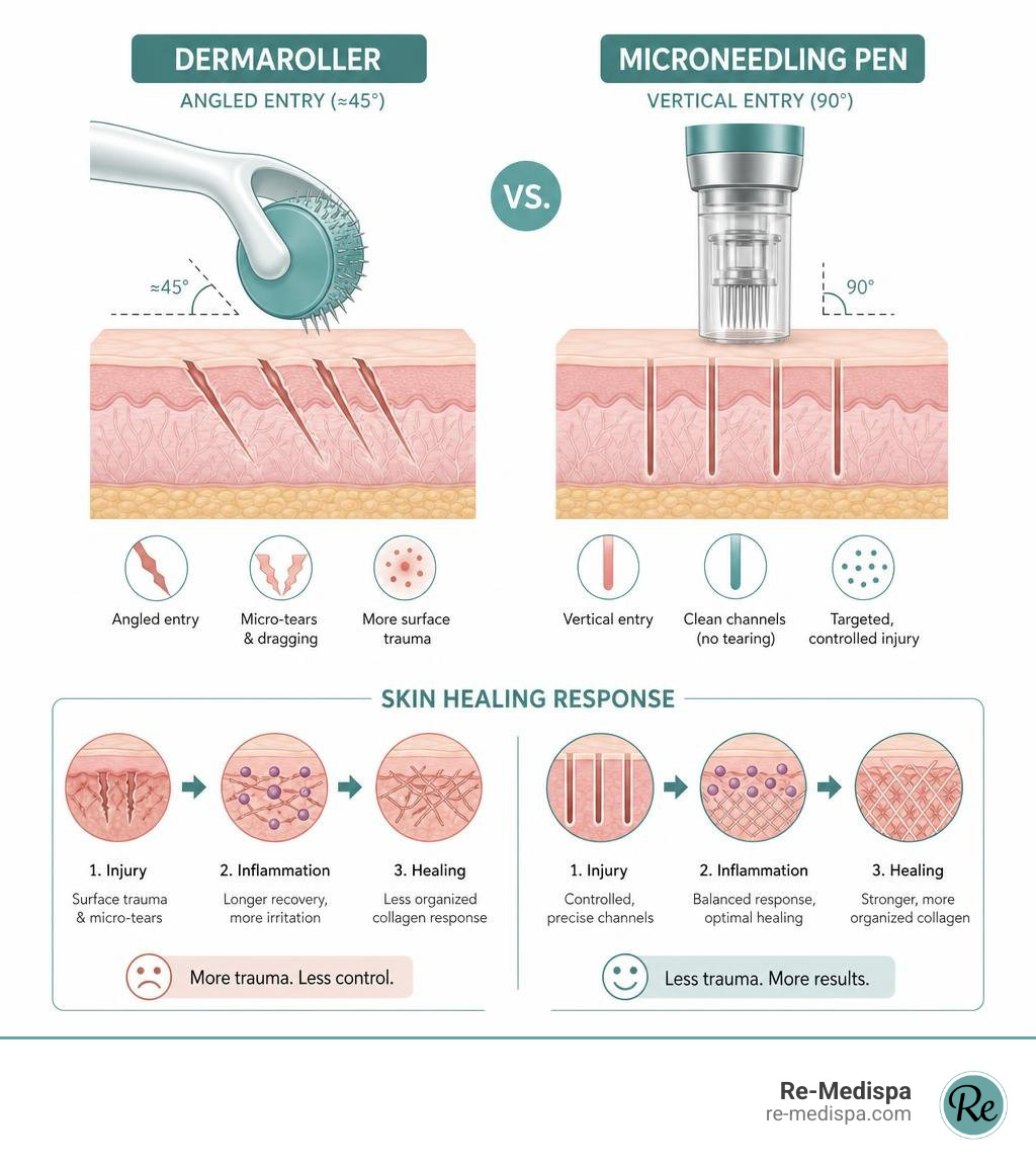 Diagram comparing angled dermaroller needle entry vs vertical microneedling pen entry and skin healing response infographic