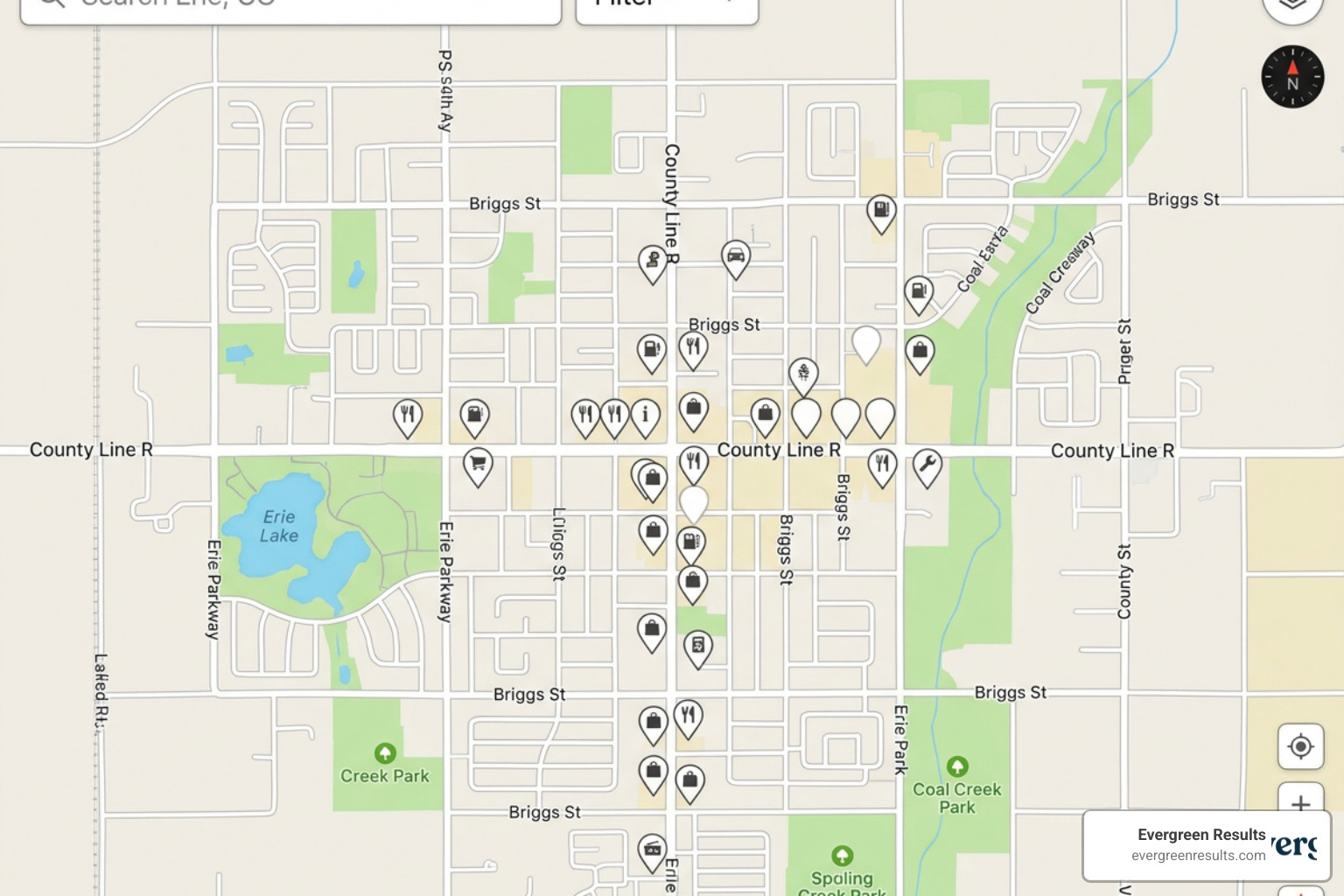 local search map showing Erie Colorado businesses