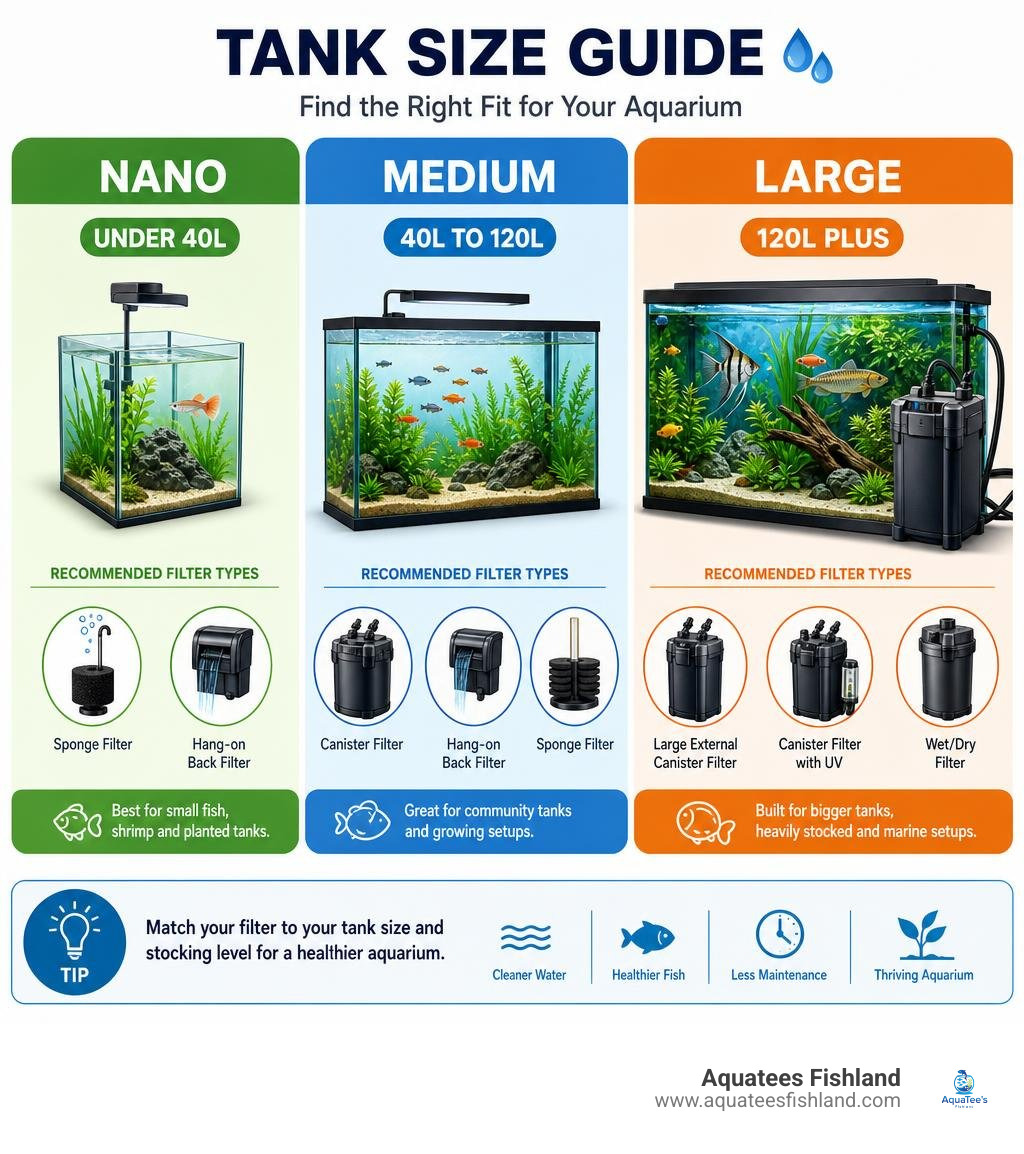 Infographic comparing tank volumes: Nano under 40L, Medium 40 to 120L, Large 120L plus with recommended filter types