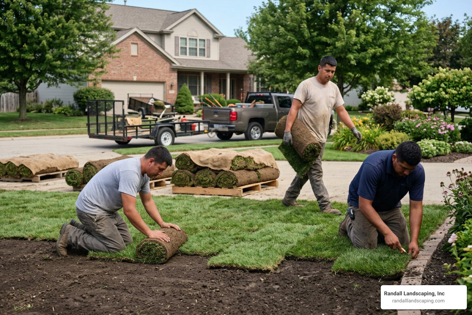 Professional landscaping crew laying sod in a perfect staggered brick pattern Professional landscaping crew laying sod in a perfect staggered brick pattern