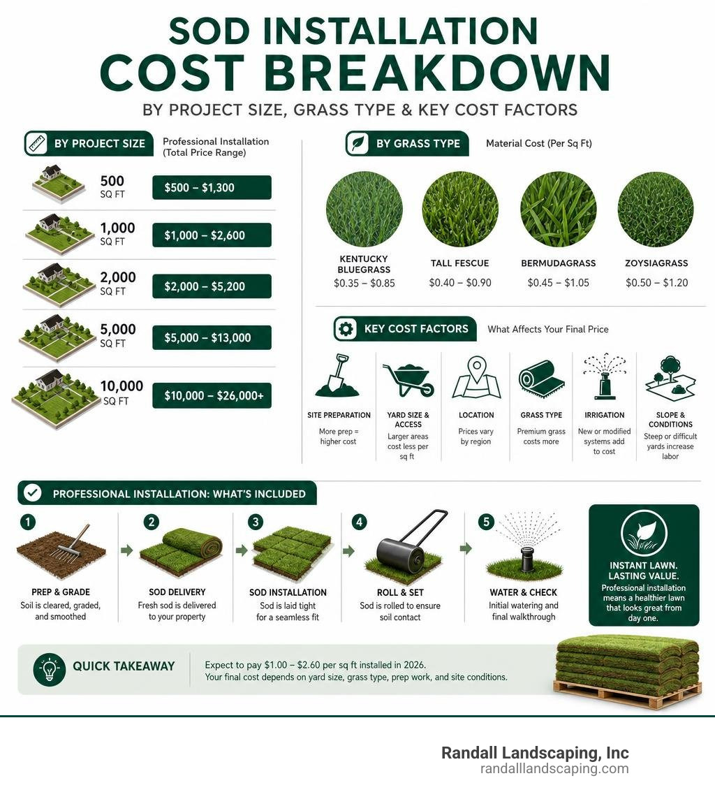 Infographic showing sod installation cost breakdown by project size, grass type, and key cost factors infographic Infographic showing sod installation cost breakdown by project size, grass type, and key cost factors infographic