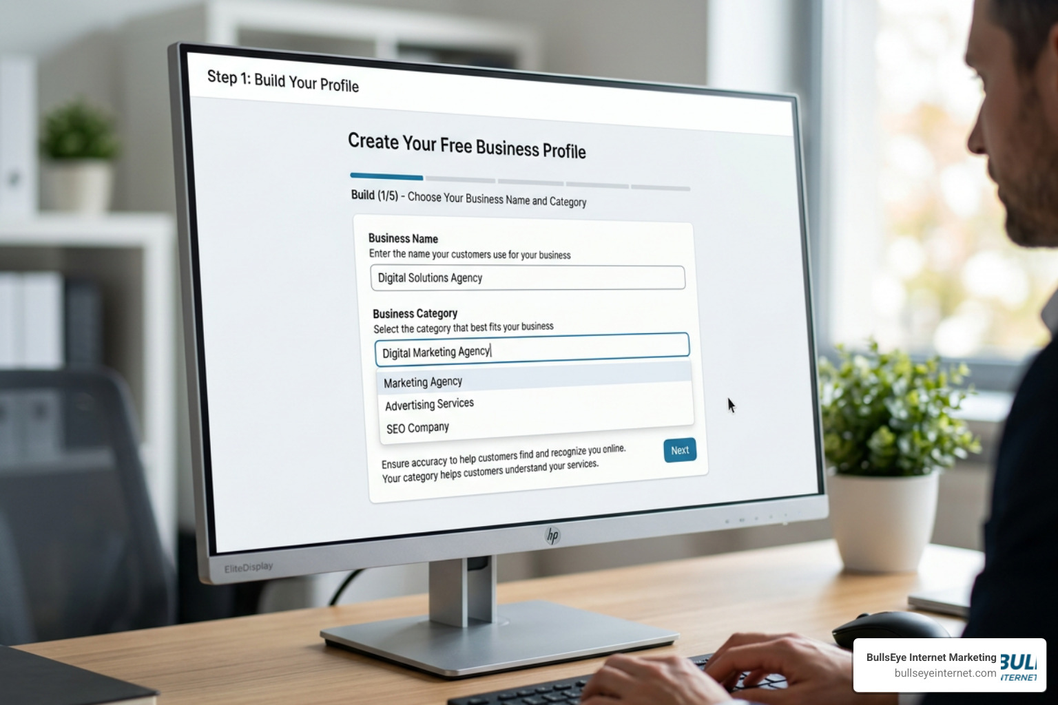Google Business Profile creation dashboard with name and category fields