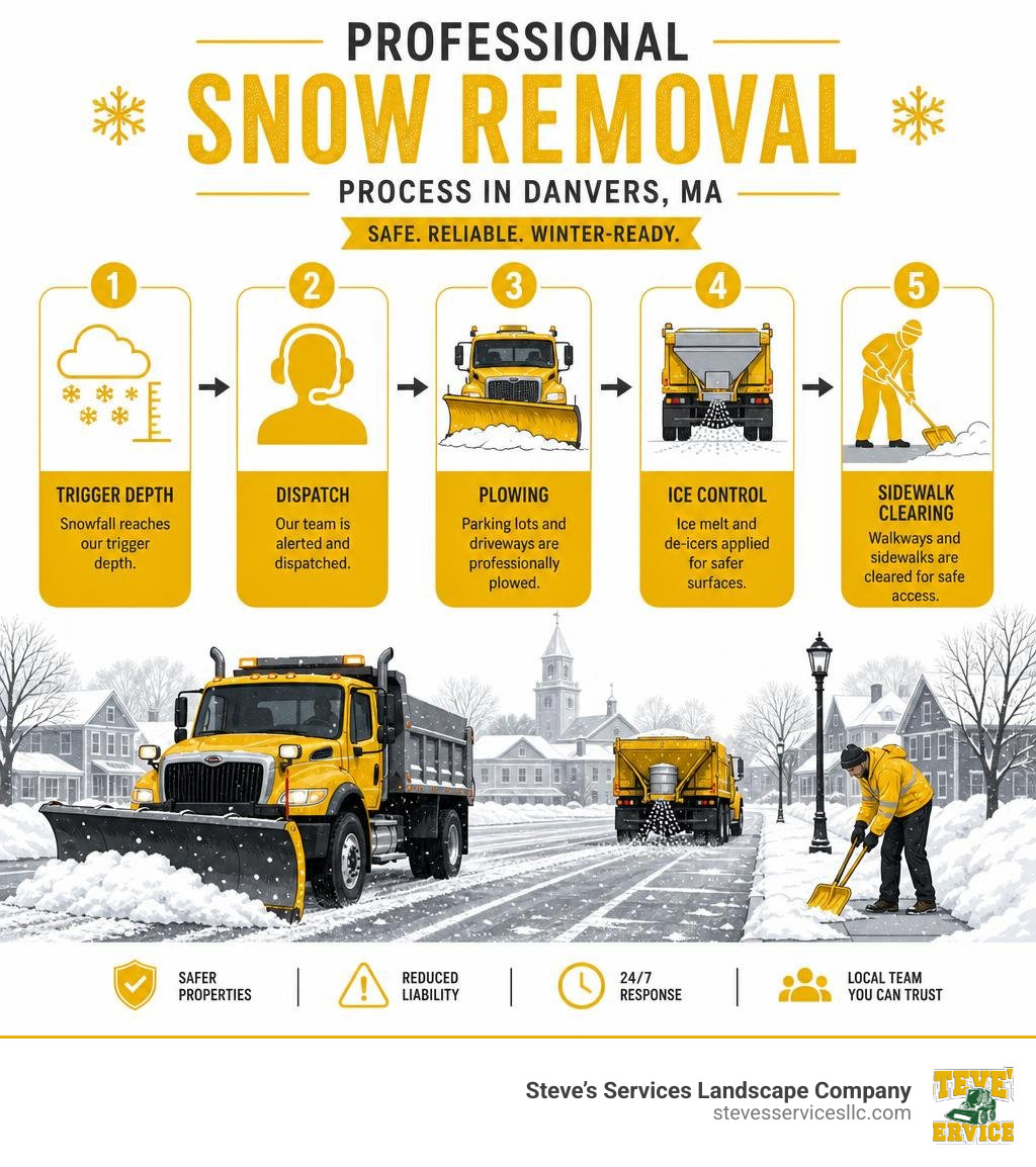 Infographic showing professional snow removal process in Danvers MA: trigger depth, dispatch, plowing, ice control, sidewalk