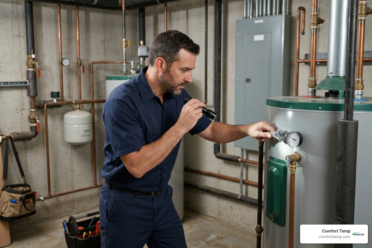 professional plumber in a dark blue uniform inspecting a commercial water heater tank in a utility room professional plumber in a dark blue uniform inspecting a commercial water heater tank in a utility room
