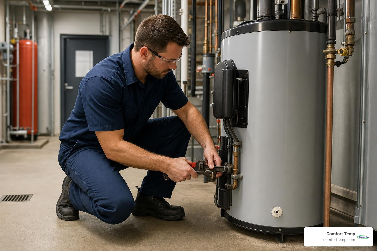 commercial plumber in a dark blue uniform servicing a water heater in a commercial facility commercial plumber in a dark blue uniform servicing a water heater in a commercial facility