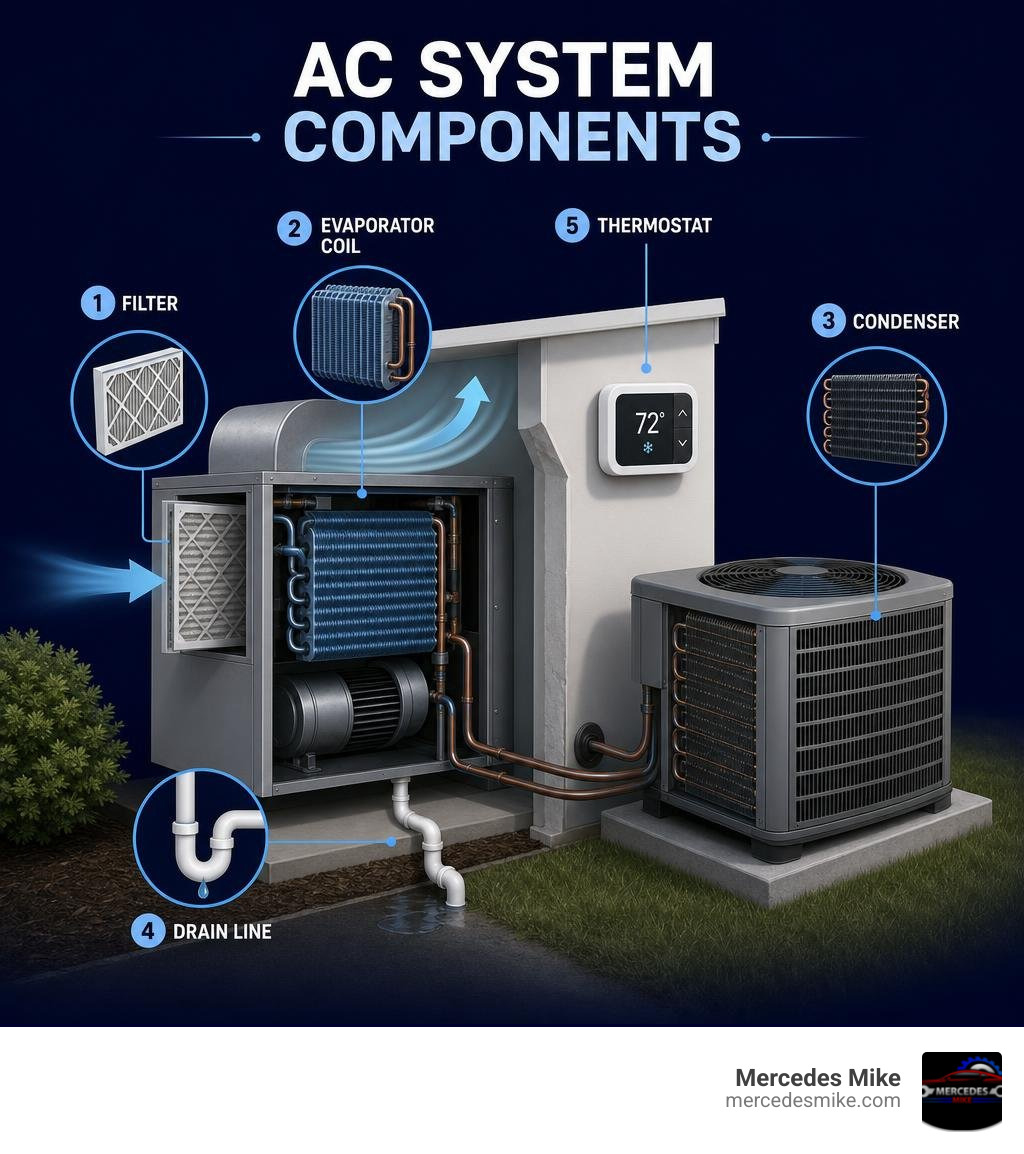 Diagram showing AC system components: filter, evaporator coil, condenser, drain line, thermostat infographic Diagram showing AC system components: filter, evaporator coil, condenser, drain line, thermostat infographic
