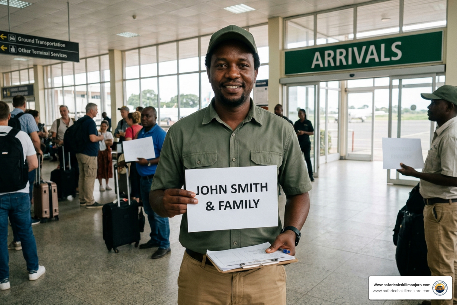 A friendly professional driver holding a personalized name sign at JRO arrivals A friendly professional driver holding a personalized name sign at JRO arrivals