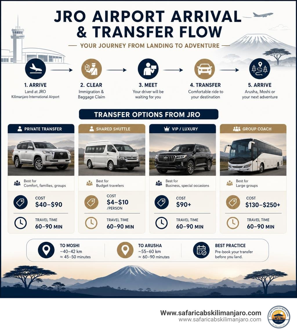 JRO airport arrival and transfer flow infographic with options, costs, and travel times infographic JRO airport arrival and transfer flow infographic with options, costs, and travel times infographic