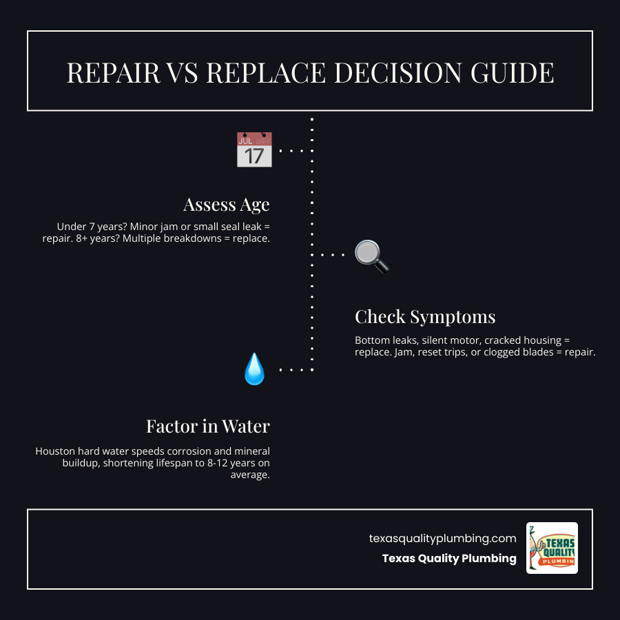Repair vs replacement decision matrix for garbage disposals showing age, symptoms, and recommended action infographic Repair vs replacement decision matrix for garbage disposals showing age, symptoms, and recommended action infographic
